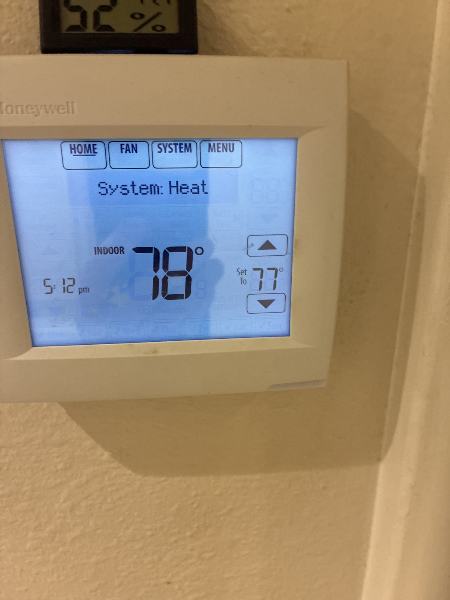 Comfort heater service on 2016 American standard split system. Fau located inside closet. Replaced filter and flushed condensate line. Checked all heater and safety components. Adjusted date and time on focus 8000 thermostat. Checked temperature split in heating and cooling. Gave Starbucks card. Surge protection is working. 