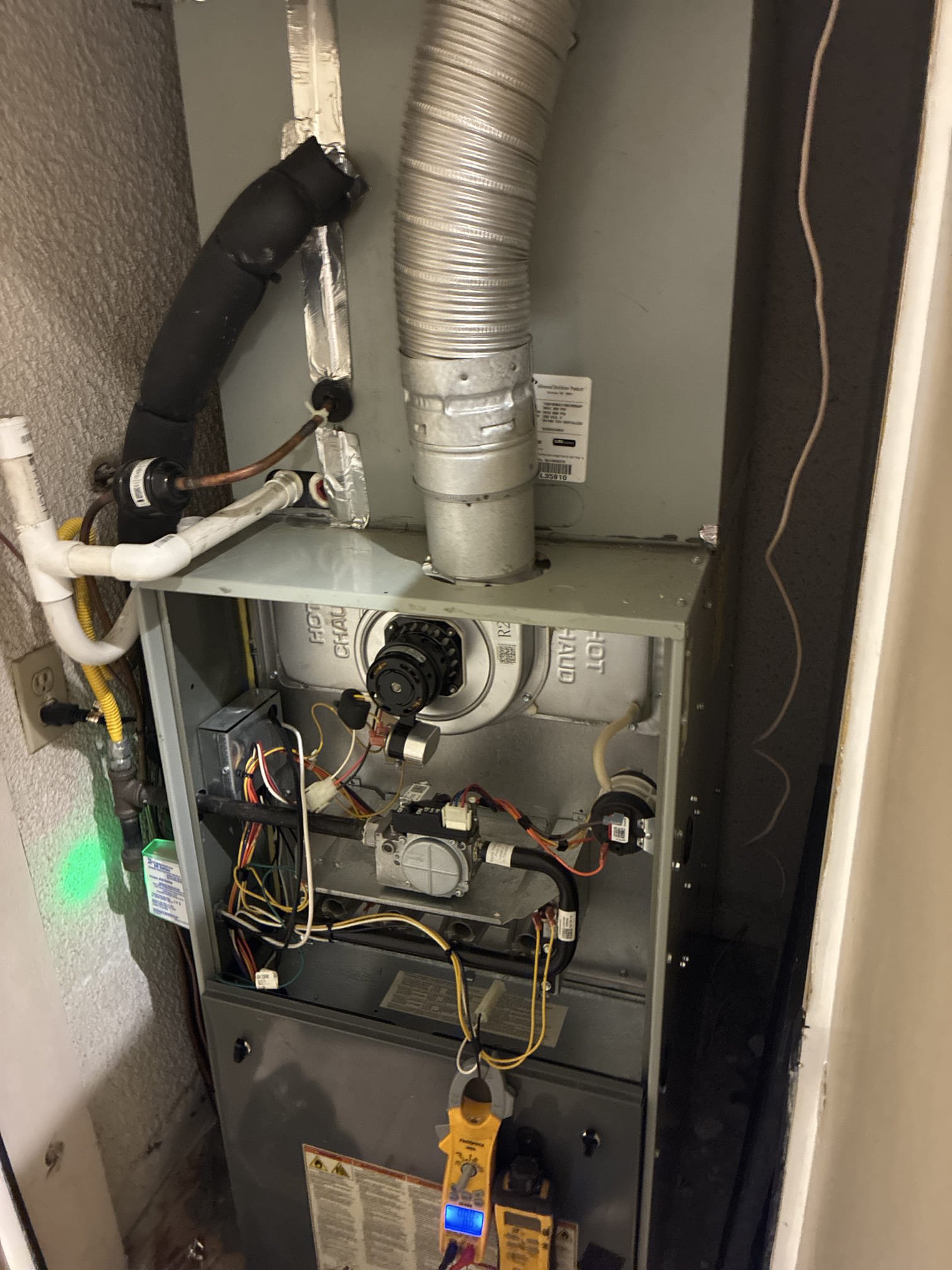 Comfort heater service on 2016 American standard split system. Fau located inside closet. Replaced filter and flushed condensate line. Checked all heater and safety components. Adjusted date and time on focus 8000 thermostat. Checked temperature split in heating and cooling. Gave Starbucks card. Surge protection is working. 