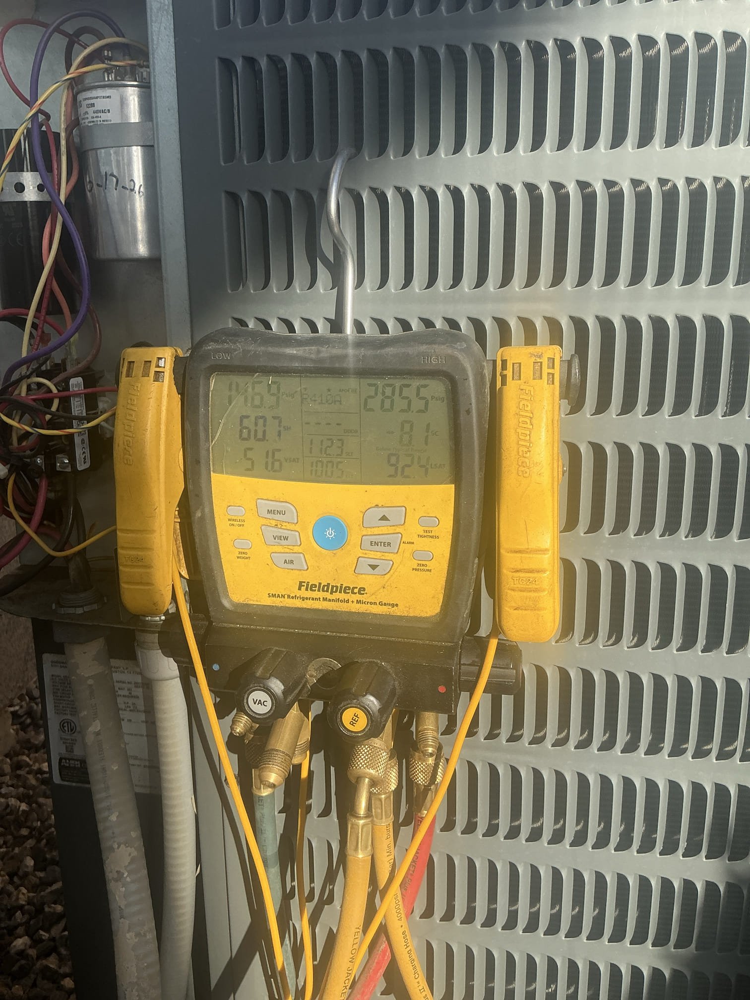 Performed diagnostic on 2020 Goodman equipment. Major leak in condenser coil (see photo). Also found failed compressor, compressor starts then over amps then overheats, compressor non operational. Also noticed blower motor in attic not working. Verified motor is receiving proper 120v/24v. Blower motor is failed also. Advised on repair and replacement. Equipment is under warranty though advised equipment uses 410a refrigerant which has been phased out and is no longer manufactured. Recommend replacing equipment to convert to new refrigerant. Attached repair and replacement options. 