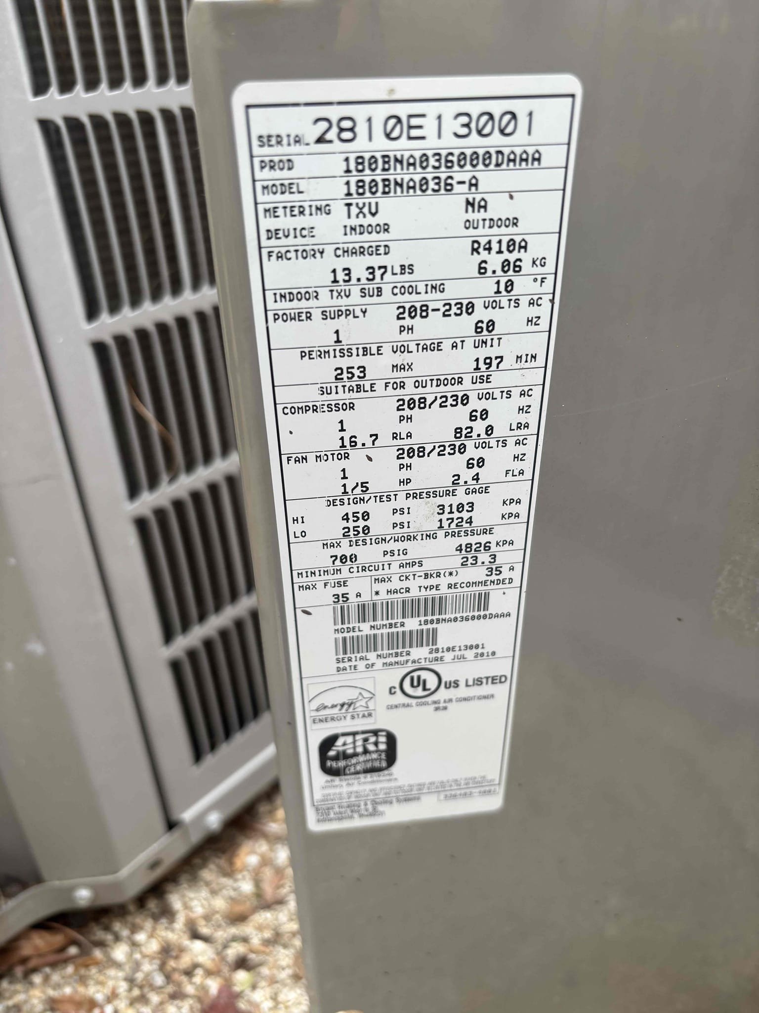 Upon arrival unit with model number 180BNA036-A outdoor unit was not operational. Only indoor unit was operational upon checking out outer unit found a swollen run capacitor in forum. Client will need to replace client agreed after replacing system started up and started to cool down the house properly compressor amps and fan motor amps are within range. Client will be calling us shortly to schedule a maintenance. 