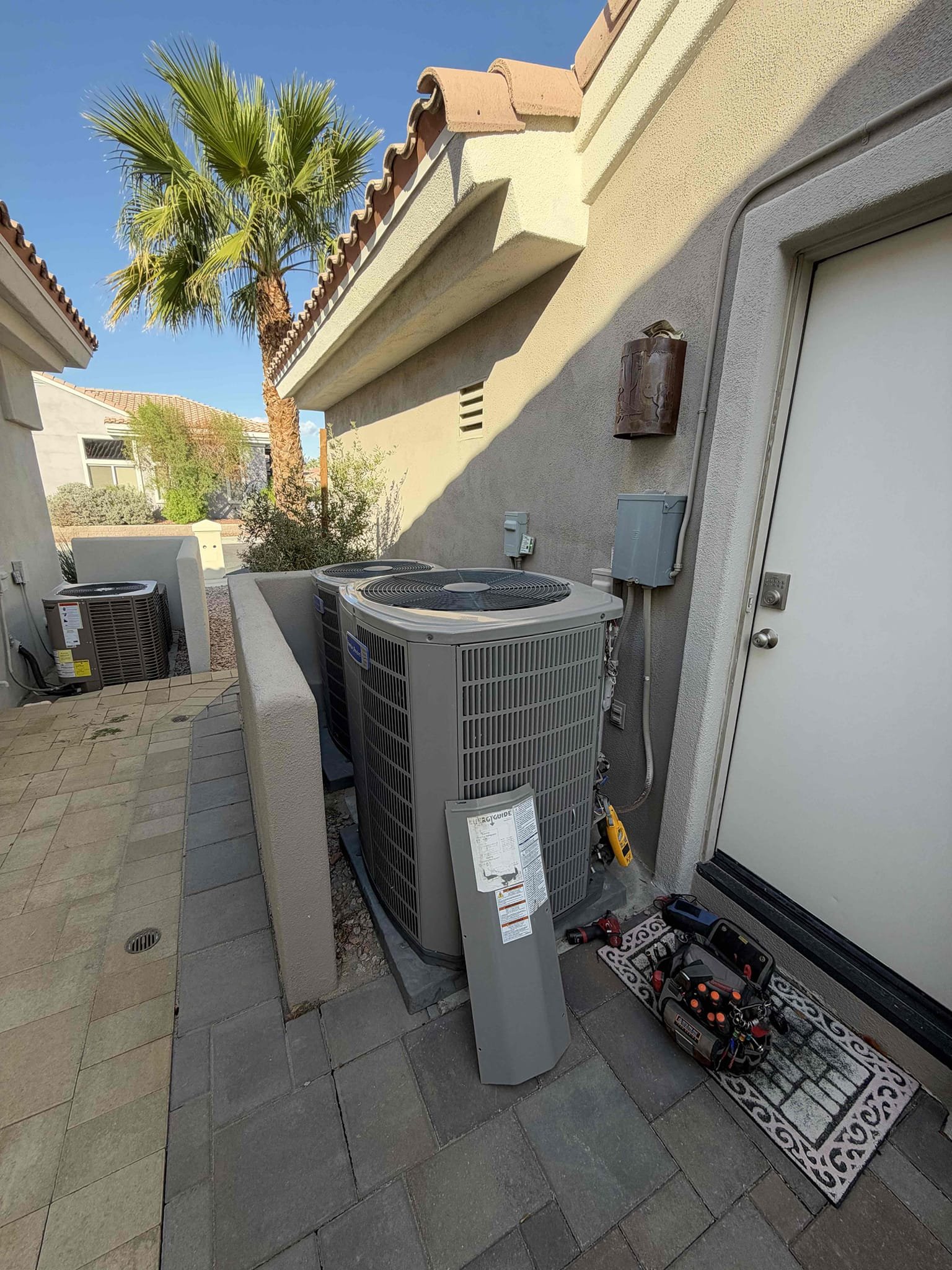 Maintenance on two American Standard platinum series upflow heat pumps 5 ton and 3 ton. One 24 x 24 and one 16 x 25 at each FAU. Both FAU located in garage. Outdoor units located on the right side of the home. Condensation lines cleared filters changed. Two 1050 thermostats show no active alert. Verified all electrical and safety. Verified were condensation line drains. Checked both system sequence of operation. Checked compressor amps, checked fan motor amps, checked fuses and disconnect box, checked inrush, checked FAU amps, checked relay panel, checked Freon and pressure. Both outdoor unit units have surge protector. Both CDA monitor show no active alerts. Both systems are working per manufacture spec. Spoke with client about indoor air quality and recommended two air scrubbers sent estimate.