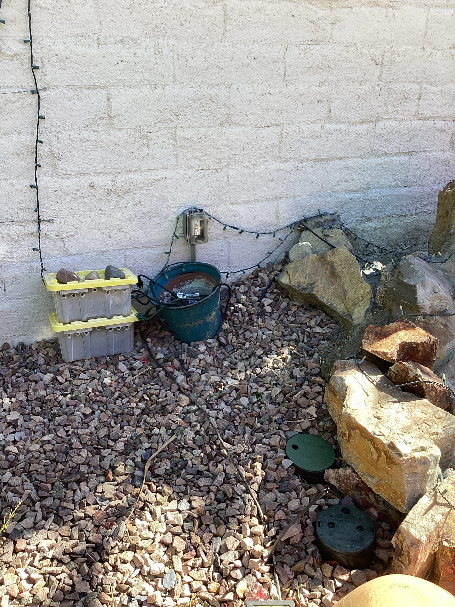 Indio, CA - Arrived at customer’s home to diagnose outlets tripping gfci when it rains. Found that when customer does not plug anything into gfci protected outlet, the circuit does not trip. But customer stated that when anything is plugged into that outlet when it rains, it trips. This tells me that the issue is not in the outlet/circuit, but rather in what the customer plugs in (string lights, pump, aerator). Informed customer of my findings, and also found that gfci outlet for pump was protected by another gfci outlet in garage. Will return at a later date to replace the box for a two gang and replace outlet for a non gfci outlet, and replace the cover with a two gang cover.