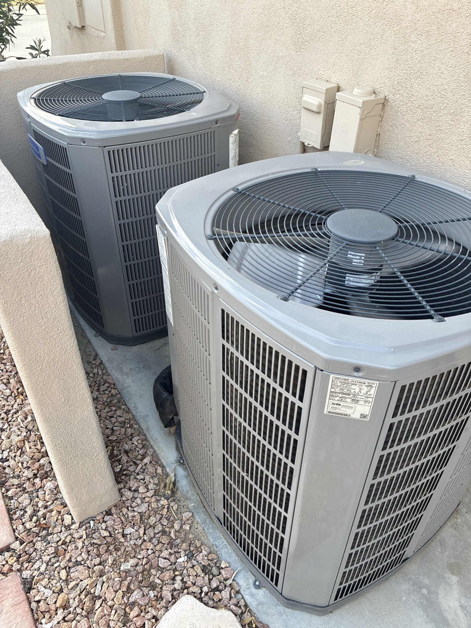 Comfort indoor service on two 2022 American standard platinum upflow heat pump split systems. Air handler located inside garage, condensers on north side of home. Washed eac filters and mini split filters. Flushed condensate lines. Checked all heater and safety components. Checked cda for proper pressures and temperatures. Blew out electrical compartments. 1050 thermostat working with no error codes. Reset reminder alerts. Gave star bucks gift card. Advised about online scheduling.