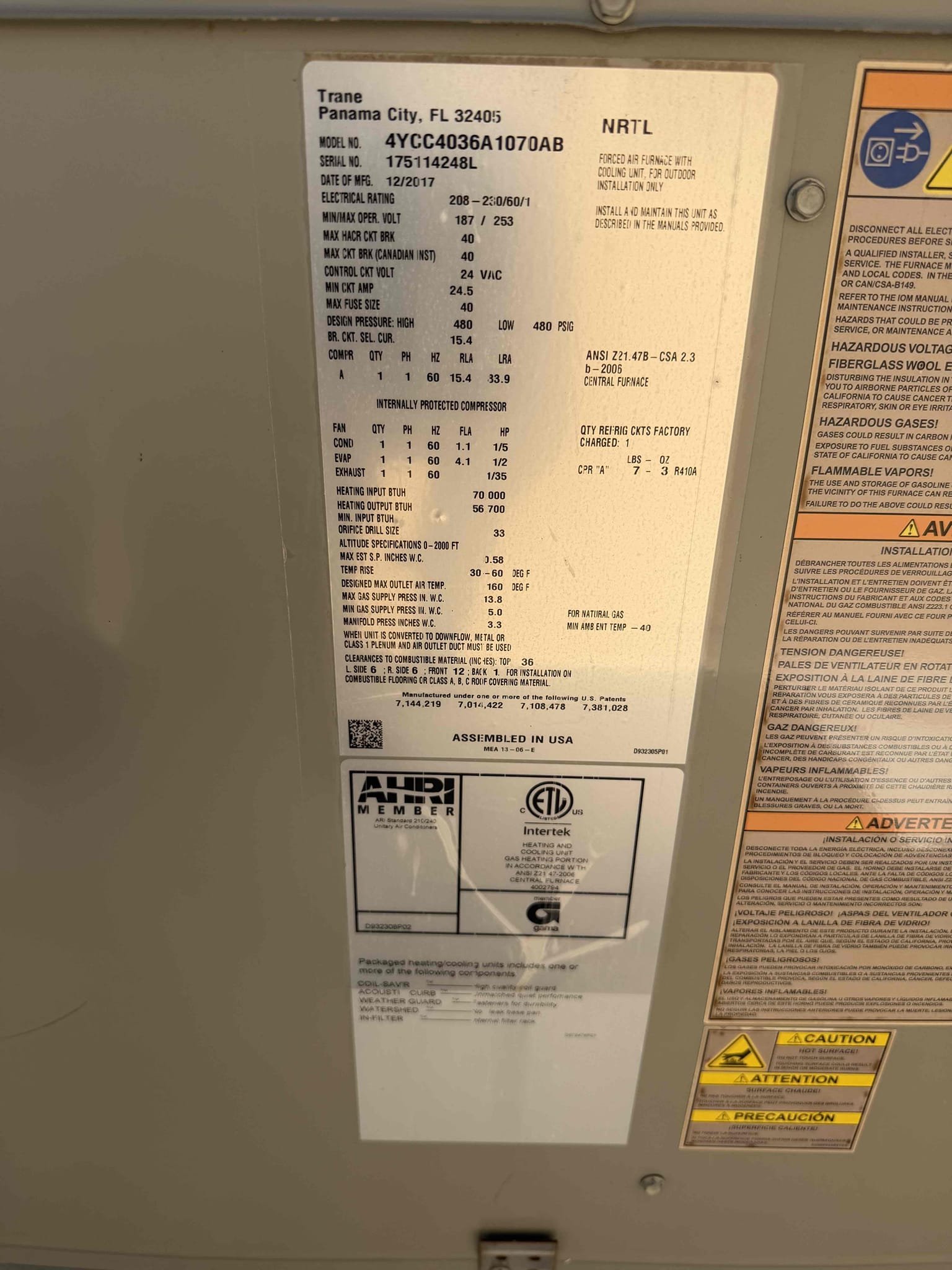 Performed a heating maintenance on a  American Standard package unit and a Payne package unit, changed 20x24 & 18x30 filter, filter located on hallway ceiling, flushed condensation line, on unit check for amperage and voltage, followed sequence of operation, check for carbon monoxide, check for capacitor, check for temperature split, everything within range also clear out dust accumulated inside electrical component area. System is working within specification in heating at the time of maintenance.