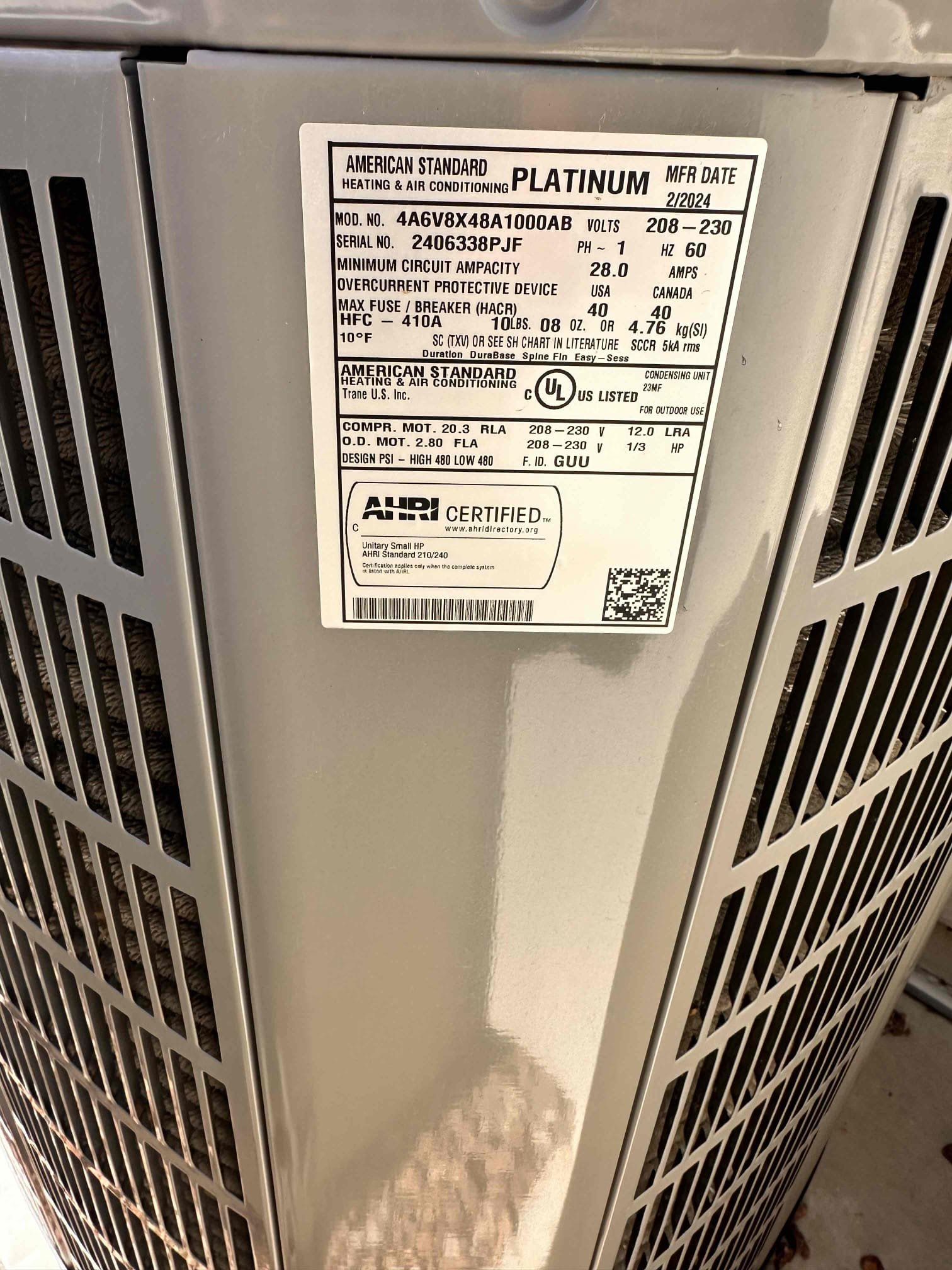 Performed scheduled maintenance and safety check on the American Standard heat pump system. Indoor equipment is located in the garage.

Indoor equipment: Manufactured October 2023; model P0V0C000M50SDAA; serial 23423P50JG.
Outdoor equipment: Manufactured February 2024; model 4A6V8X48A1000AB; serial 2406338PJF.

Left a 20 × 25 replacement filter with the member, as the existing filter had recently been changed. Cleared the condensate line at the Jones valve and washed the outdoor condensing coil.

Checked compressor and outdoor fan amperage, measuring 19.50 amps and 1.79 amps, respectively. Verified supply temperatures of approximately 52°F in cooling and 108°F in heating. Confirmed cooling temperature split and heating temperature rise were within manufacturer specifications. Verified temperature readings at supply registers.

System is within manufacturer specifications in heating and operating properly at the time of service. Scheduled the next maintenance appointment with the member