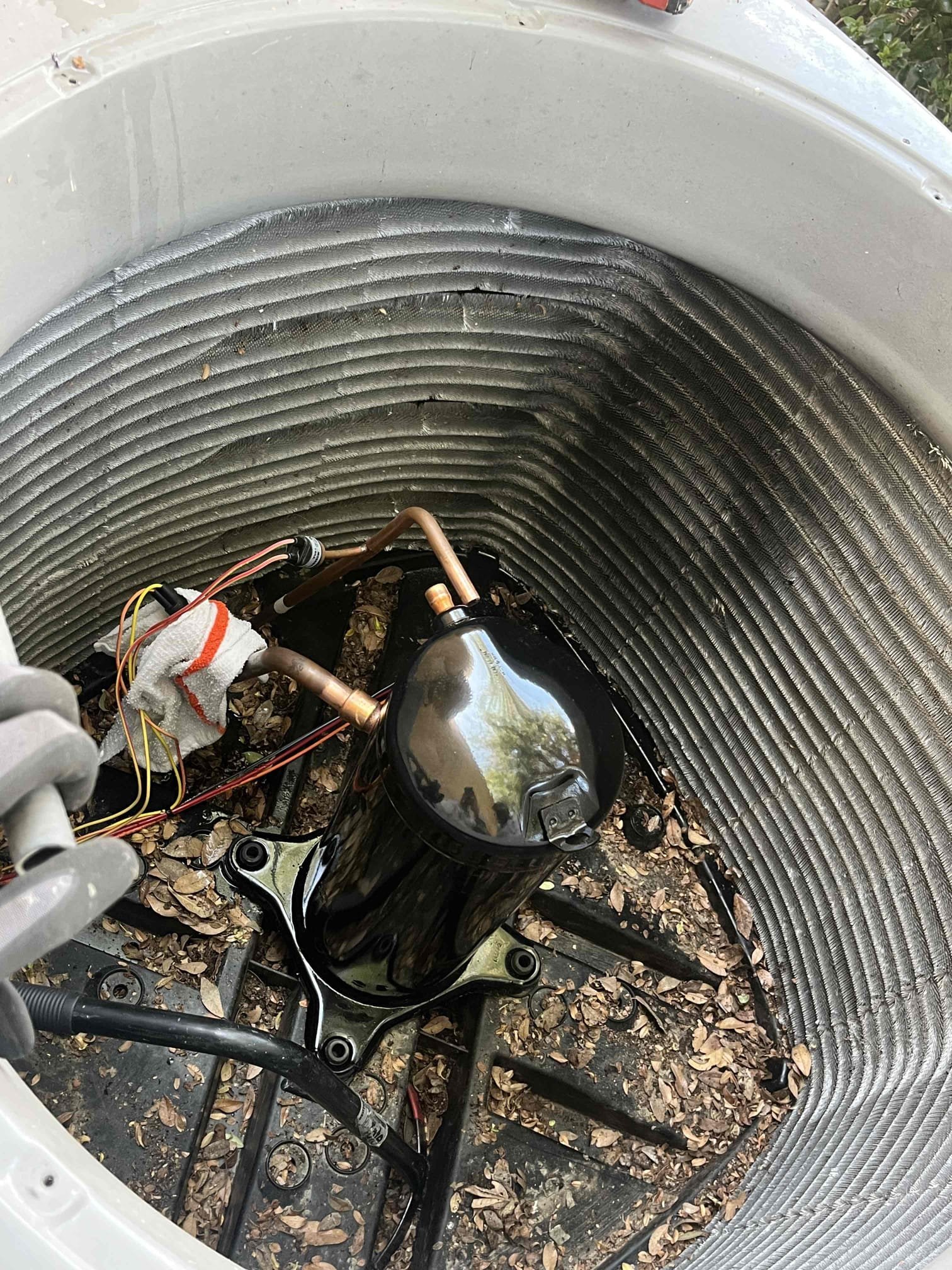 We removed existing bad compressor, recovered the refrigerant. We then welded in new compressor, pulled a vacuum, and recharged the system to a Subcool of 11 degrees and weighed in the charge at 6 pounds and tested the system. The system is now cooling properly. System has a 10x30 filter. Maintenance is already scheduled for next month. At the time of today’s service the system is working properly. 