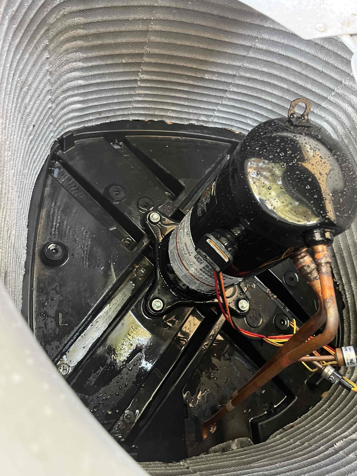 We removed existing bad compressor, recovered the refrigerant. We then welded in new compressor, pulled a vacuum, and recharged the system to a Subcool of 11 degrees and weighed in the charge at 6 pounds and tested the system. The system is now cooling properly. System has a 10x30 filter. Maintenance is already scheduled for next month. At the time of today’s service the system is working properly. 