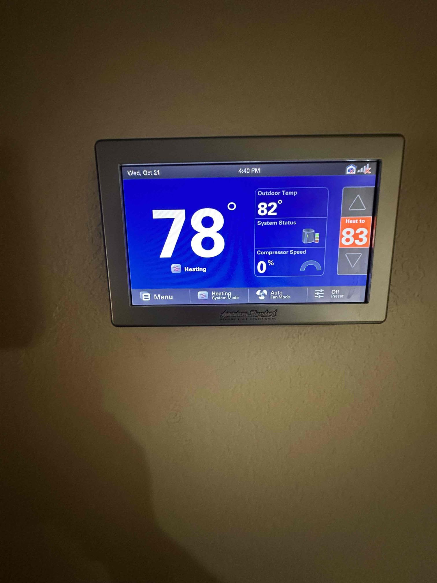 Performed scheduled heating maintenance and safety checks on two American Standard Platinum split systems. Indoor equipment is located in separate attics. Equipment identification includes indoor model P0V0C000M50SBAA, serial 210861KBJG, manufactured February 2021, and outdoor model 4A7V8048A1000BC, serial 190542511F, manufactured January 2019.

Replaced 24 × 30, 24 × 24, 14 × 14, and 18 × 18 filters. Cleared electrical components, mechanical platforms, and outdoor disconnect boxes of dust and debris. Inspected electrical connections, checked voltage, motor amperage, and applicable capacitors, and verified blower operation. Verified proper heating sequence and checked safety controls. On the gas-fired indoor equipment, checked inducer operation, monitored burners, verified safety and rollout switches, checked gas pressures and temperature rise, and confirmed zero carbon monoxide detected.

Verified ductwork was properly secured and attached to both systems. Cleared condensate lines thr
