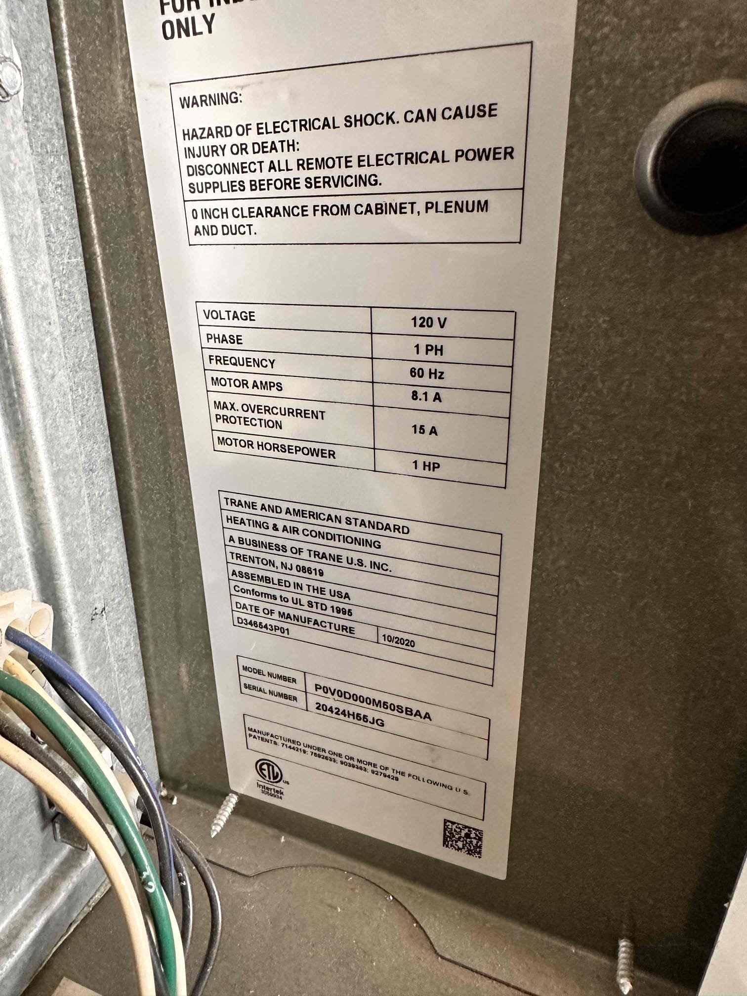 Performed scheduled indoor and outdoor safety and maintenance check on one 2020 Trane XR split heat pump system. Indoor equipment is located in the garage, model P0V0D000M60SBAA, serial 20424H65JG. Outdoor equipment is located on the east end of the home, model 4TWR7060A1000DB, serial 2049441B2F. Filter is 24 × 24 and located within the filter rack.

Cleared electrical components and disconnect box of dust and debris. Tightened and secured electrical connections at the disconnect. Verified proper safety switch operation. Cleared condensate line; outside termination is next to the outdoor equipment on the east end of the home.

Verified temperature split and heating temperature rise. Return temperature measured 86.2°F and supply temperature measured 123.1°F, providing a 36.9°F temperature rise. Checked compressor voltage, running amperage, inrush current, and outdoor fan amperage. Checked start capacitor and both FAN and HERM sections of the dual run capacitor; readings were within requ