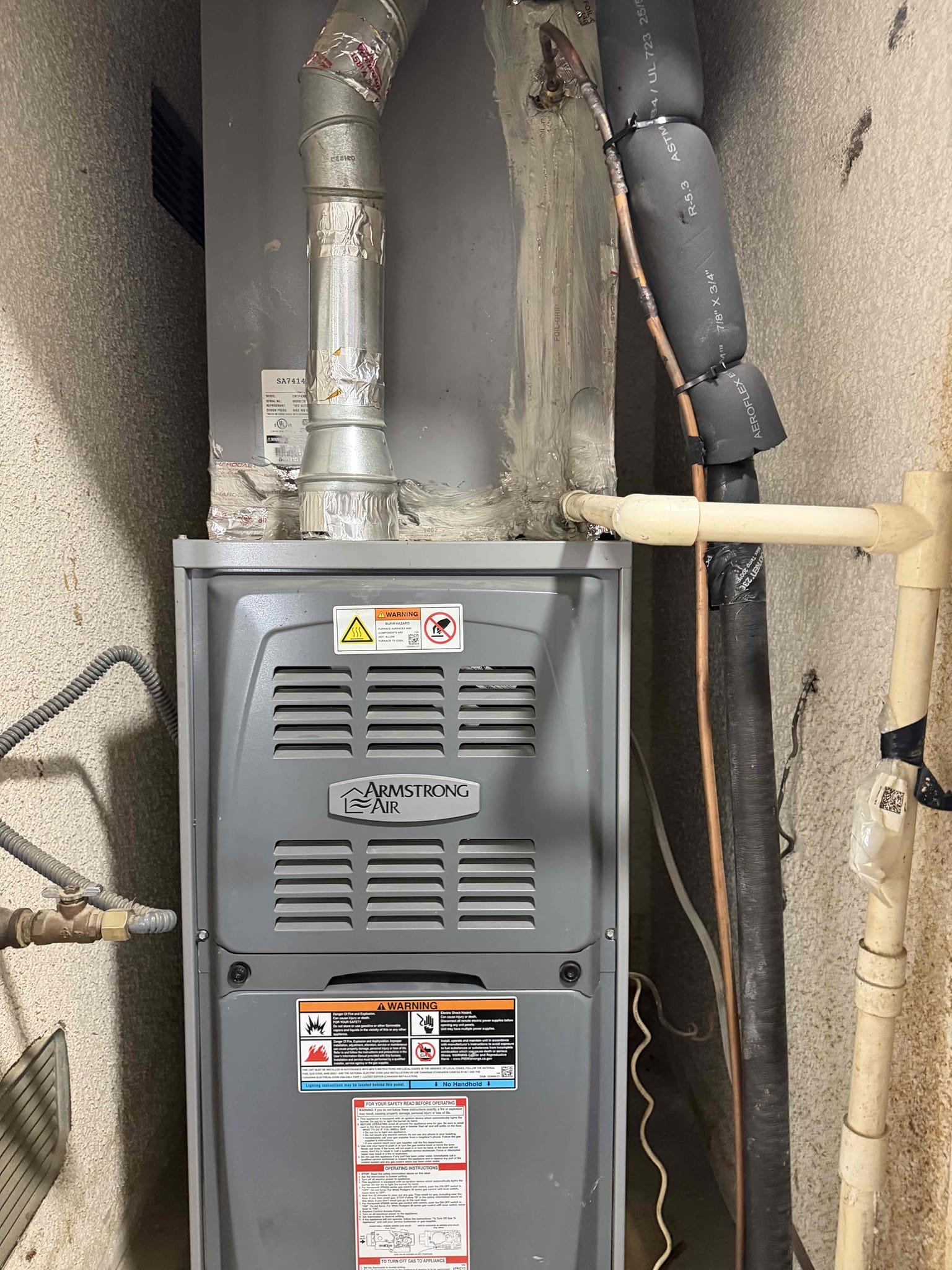Performed an indoor safety maintenance on&nbsp; Armstrong  furnaces. Filters located inside filter rack, fau located in hallway closet, changed 16x25 filter, flushed condensation line, on fau followed sequence of operation, checked for amperage and voltage, checked for blower speed, check for any loose connections, check for carbon monoxide, check for temperature rise, check for capacitor, everything within range also cleared dust accumulated inside electrical component. Systems are working within specifications in heating at the time of maintenance. Gave Starbucks gift card