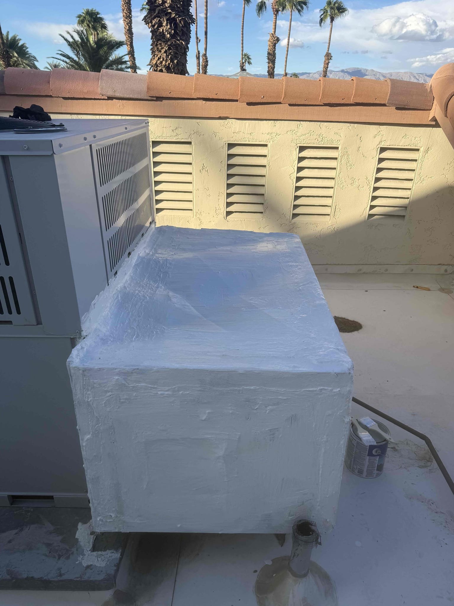 I Sealed roof top Metal Ducting with White Elastomeric Roof coating. This protects ducting against rain leaks and provides UV protection. Sent photos to client of completed work. Ran card on file.