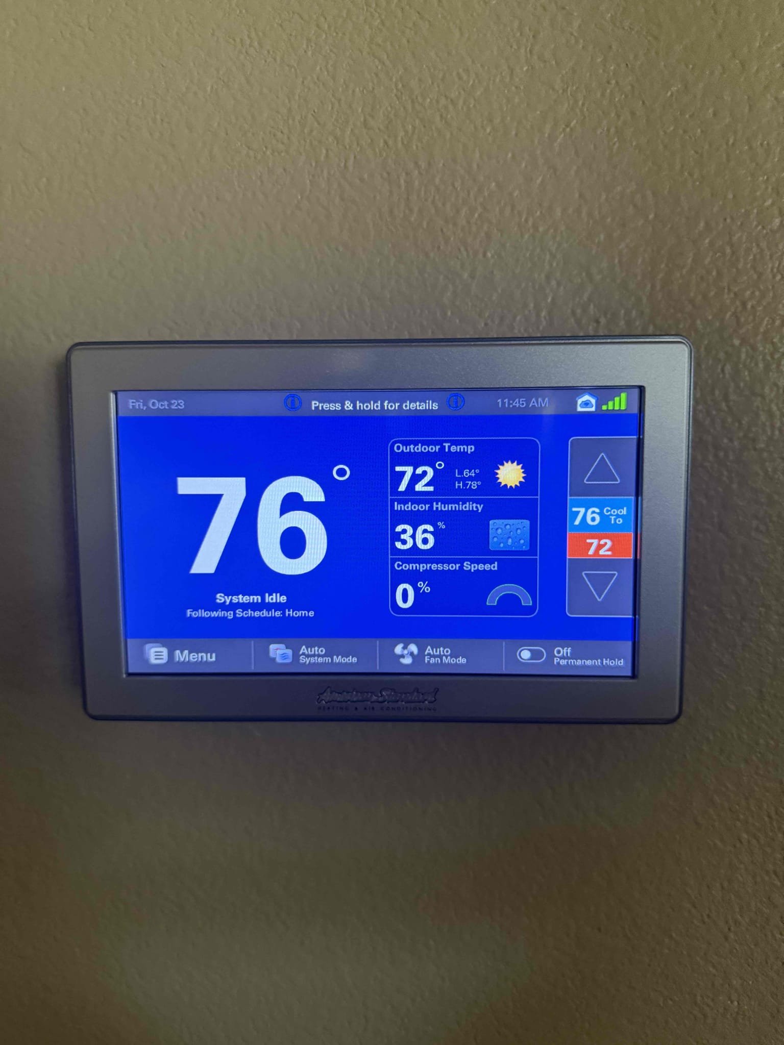 Performed an indoor safety maintenance on a 2024 American Standard Platinum split system. The filters are located in the ceiling, and the FAU is located in the attic, with attic access through the laundry room. Replaced the 20x20 and 16x16 filters and flushed the condensation line to ensure proper drainage. Inspected the system by following the sequence of operation and checking electrical amperage and voltage, blower speed, loose connections, and temperature rise. All readings were within the manufacturer’s specifications at the time of maintenance. Removed accumulated dust from the electrical component area to help maintain proper system operation. At the homeowner’s request, washed the outdoor condenser unit to remove dirt and debris. Verified system operation in heating mode and confirmed the system was operating within manufacturer specifications at the time of service. Provided the homeowner with a Starbucks gift card.