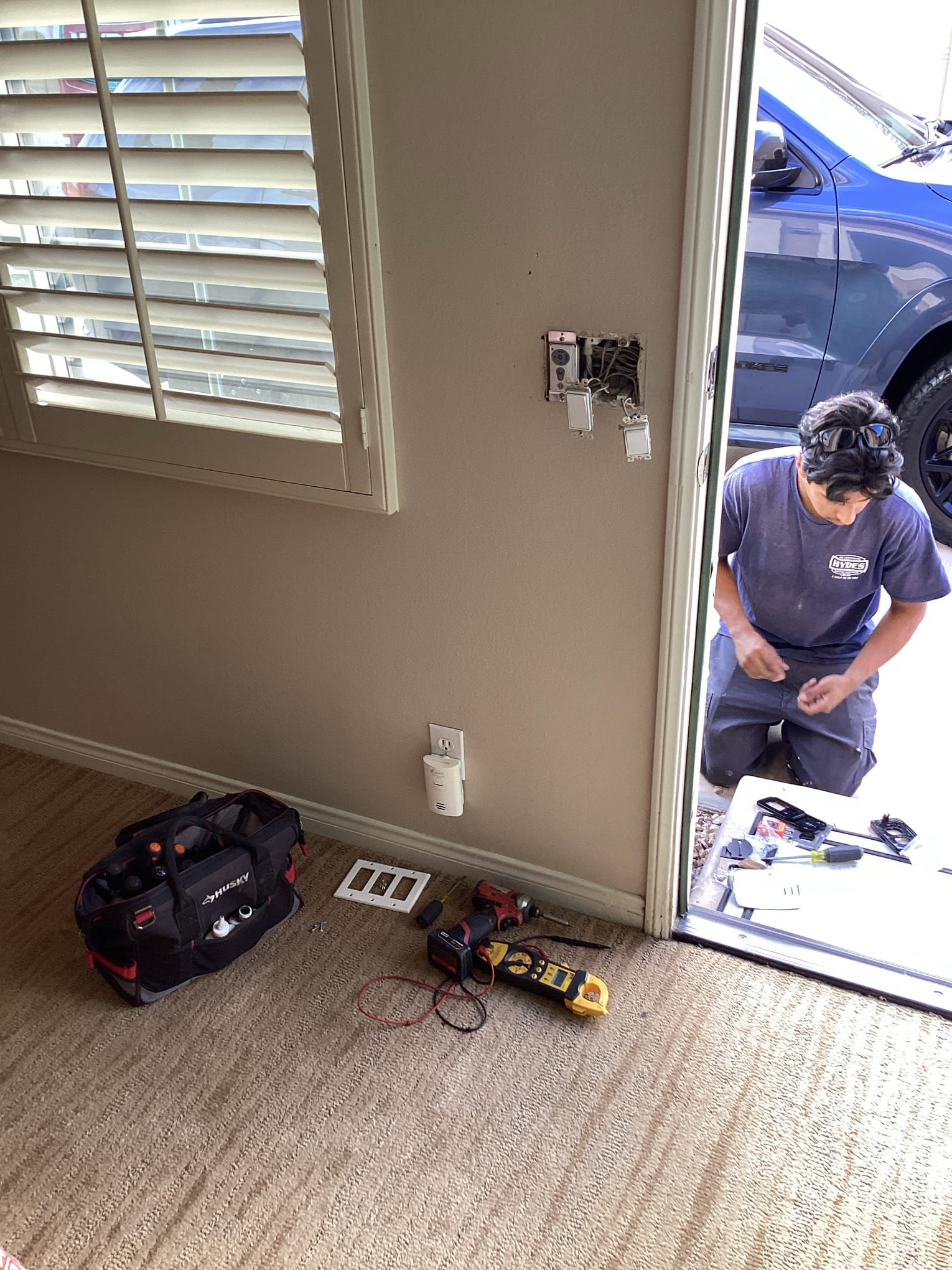 Arrived at customer’s home to diagnose outlets non op and noisy attic fan. Found that there was no attic fan making noise in attic, and customer also stated that the noise only happens when the ac is on. Found a tripped gfci in laundry room. Reset gfci outlet to restore power to outlets and resolve issue. Also found that the outlet by casita entrance was non op and there was no gfci outlet that protected it that I could find. Gave customer a price to re feed outlet from outlet behind it, but customer stated no one would be using the outlet anyways.