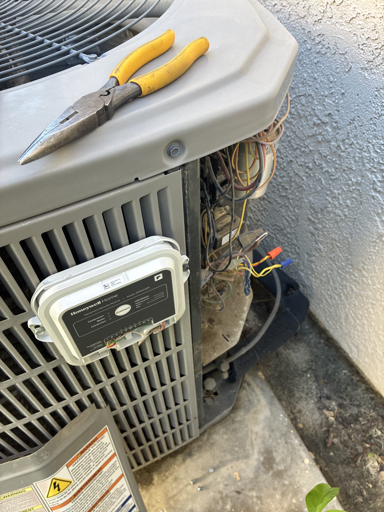 Upon arrival client stated outdoor unit running when system is off. Stated outdoor unit turning off and on. Found system had condenser wireless module. Found thermostat was changed from focus 8000 to nest thermostat back in march. Found system iced up. Found unit turning off and on due to low pressure switch. Found outdoor unit wireless module not connected correctly. Found they wired y1 with r straight to 24 volts on transformer at condenser making outdoor unit always running. Installed new focus 8000 thermostat and connected to wireless module. Signed up on yearly agreement. Office to call and schedule next visit November 7 for winter maintenance and installation of gateway so client can connect to app.