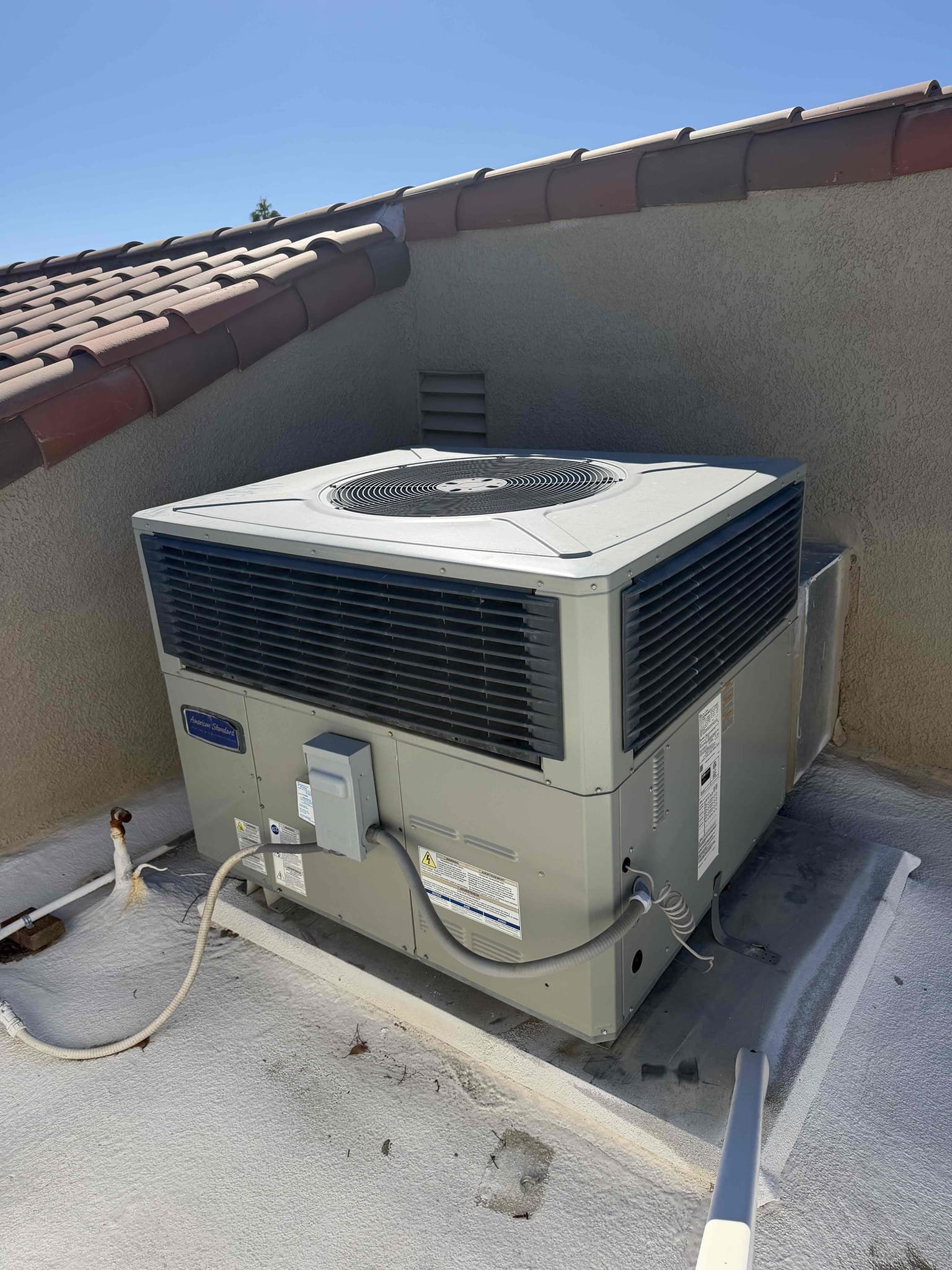 Performed a heating maintenance on American Standard package unit, changed filter, filter located on hallway ceiling, flushed condensation line, on unit check for amperage and voltage, followed sequence of operation, check for capacitor, check for temperature split, everything within range also clear out dust accumulated inside electrical component area. System is working within specification in heating at the time of maintenance.