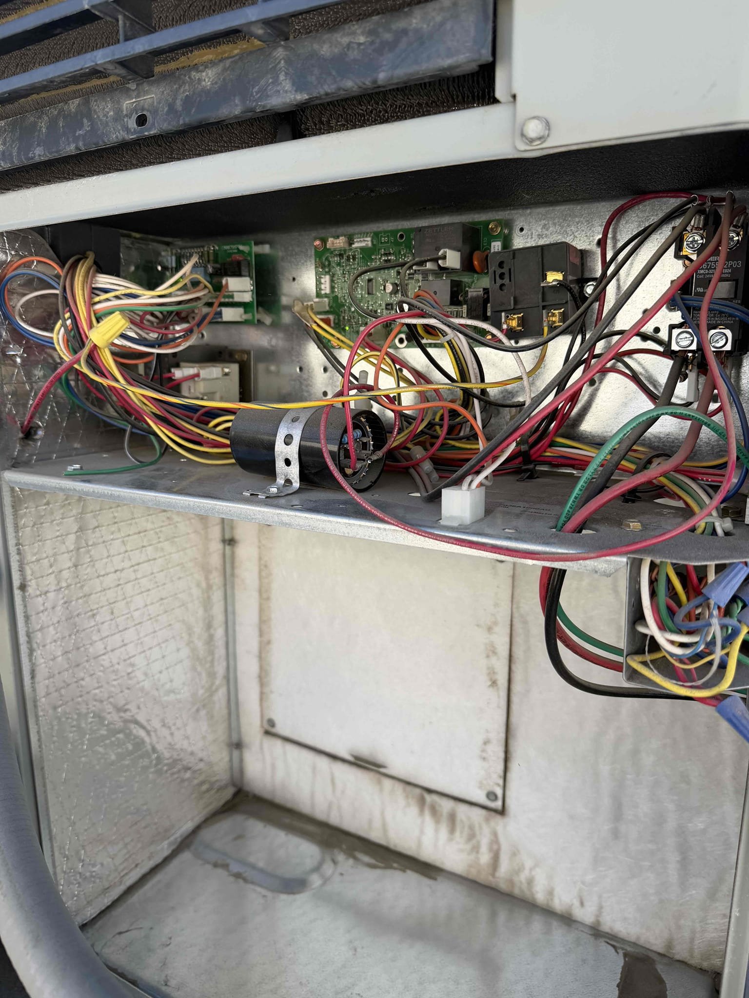Performed a heating maintenance on American Standard package unit, changed filter, filter located on hallway ceiling, flushed condensation line, on unit check for amperage and voltage, followed sequence of operation, check for capacitor, check for temperature split, everything within range also clear out dust accumulated inside electrical component area. System is working within specification in heating at the time of maintenance.