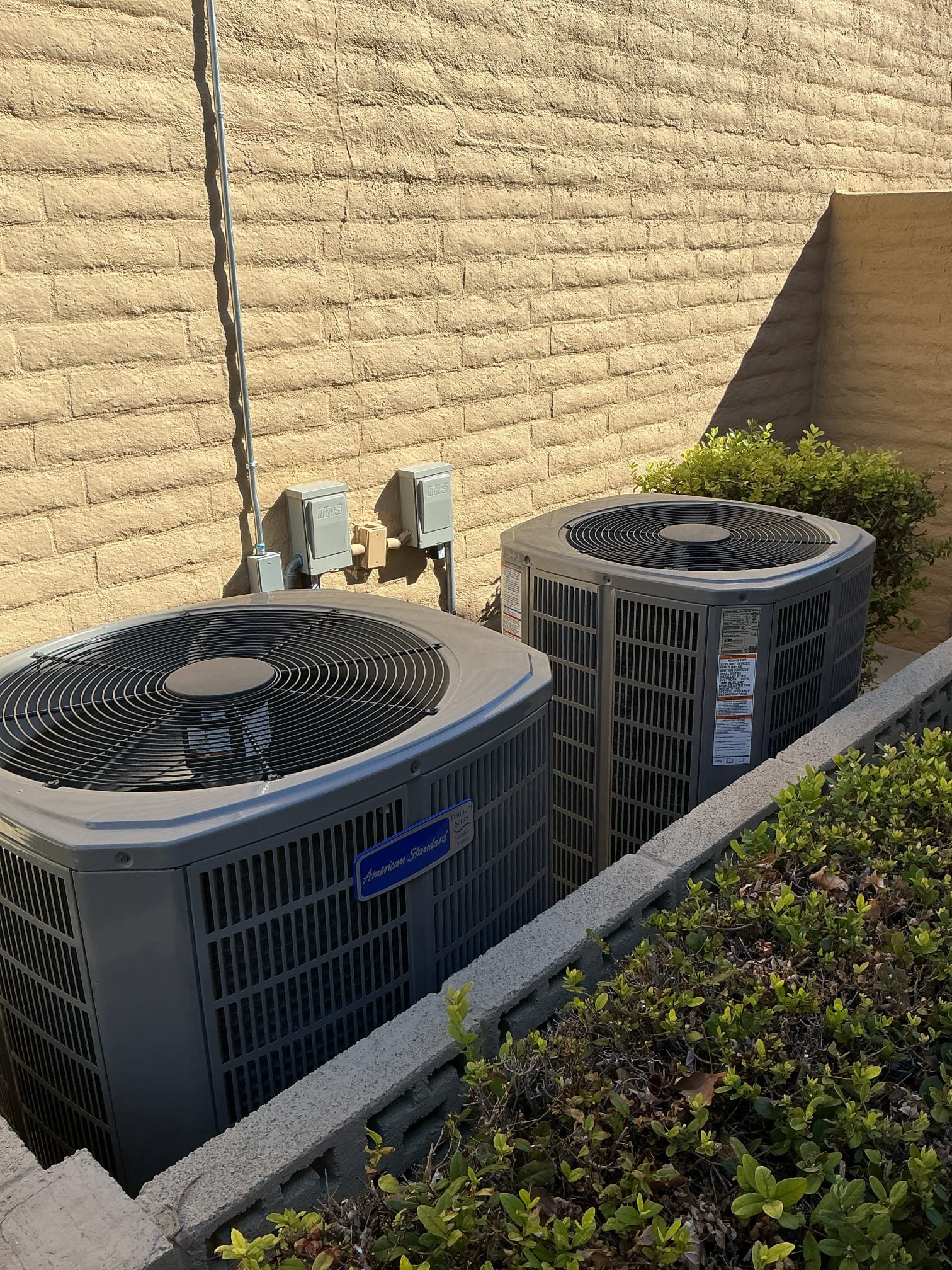 Formed heating maintenance on two American standard platinum units located in the closet inside the foyer area outside before front door. Need extra hoses for front water source, or ladder to get to patio area behind condensers.Thermostat is located inside to the right near the hallway to the guest bedroom second sensor located in master bedroom.filters are located in the closet under the air handler. Filters are not washable. They are 23 x 20 by ones two of them. Drain clean out comes out the right side into flower bed. Cleared drain, checked electrical connections, looked for fault history. Cleaned electrical compartments. Attempted to change to heat to hot. Steam pumps are green and in the ready. All functional when left. Tentatively have scheduled the next appointment for six months away.