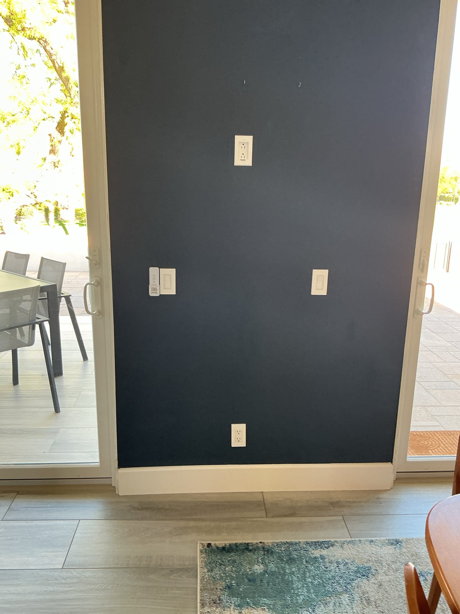 Arrived to run a high voltage jumper for front yard landscape lights. Concrete workers were on site and removed pavers, I ran the jumper wire and connected both ends of wire. All landscape lights are now operating. Additionally I cut in two outlets. One was cut in and added near the entry. The second was cut in and installed on the wall between the two sliders leading to the backyard.