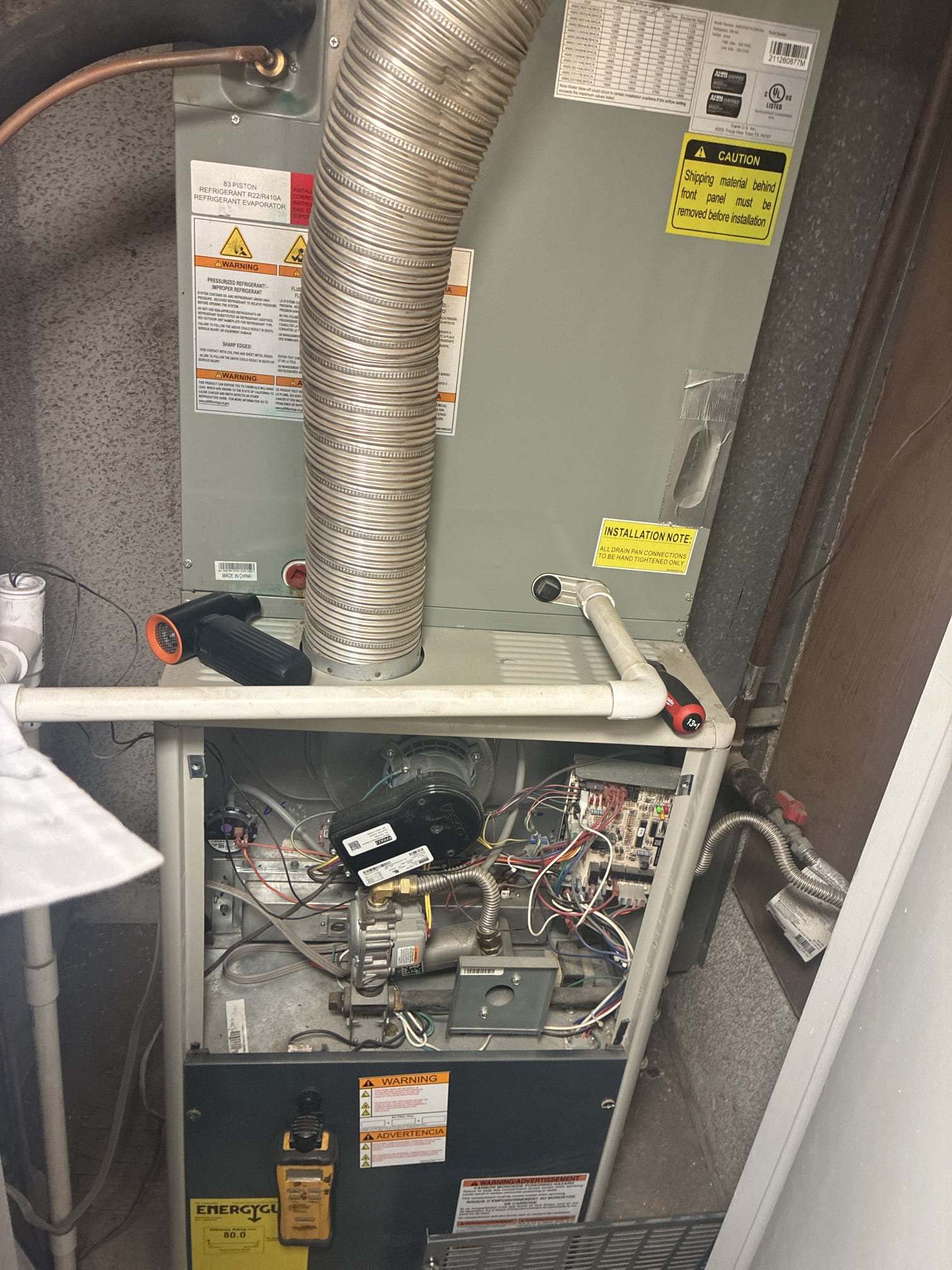 Comfort indoor service on 2023 trane upflow ultra low nox split system. Fau located inside closet. Checked filters, filter clean. Left filter for client. Flushed condensate line. Blew out electrical compartment. Checked all heater and safety components. Nest thermostat working properly. Gave Starbucks gift card. 