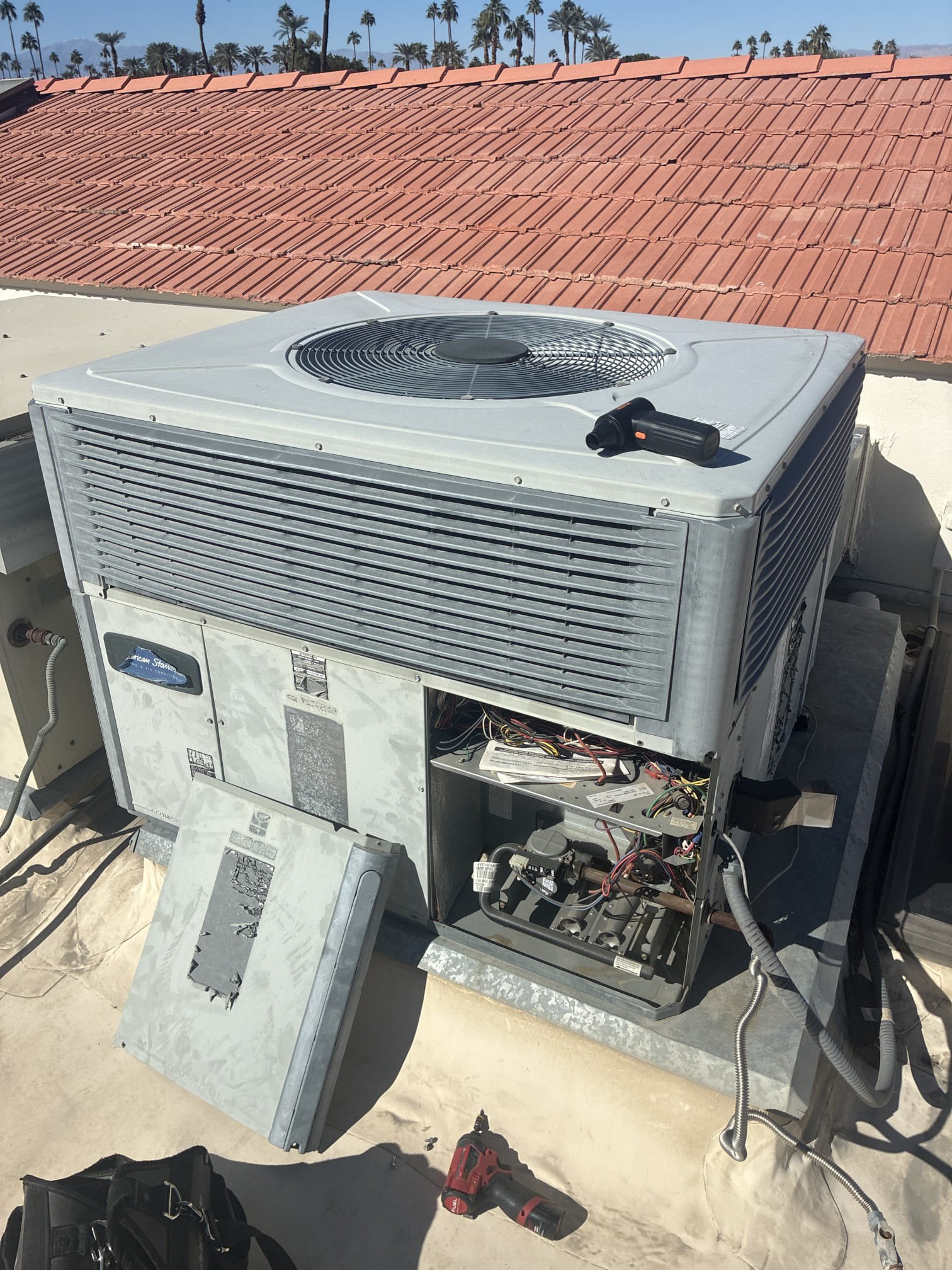 Comfort indoor service on (2)2009 American standard packaged units. Replaced filters and flushed lines. Checked all heater and safety components. Checked dual run capacitors within range. Blew out electrical compartment. Found bedroom system low voltage wire very corroded. Highly recommend replacement of exposed wire. Gave Starbucks card. Advised on age and life expectancy.
