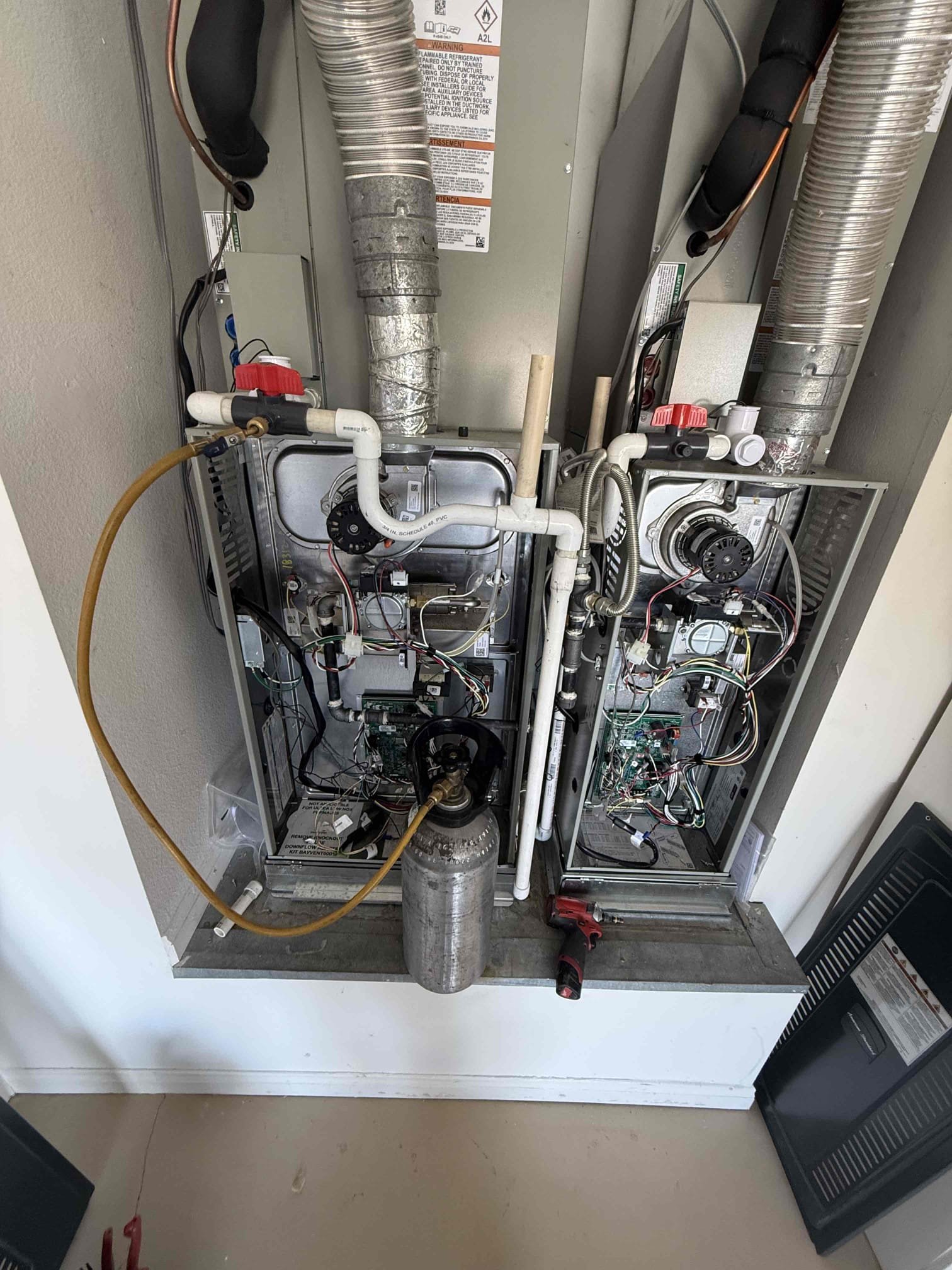 Performed annual heating maintenance on 2) 2026 American Standard Silver split systems. Upflow FAUs are located in garage. Replaced 20x25 and 14x25 filters located in filter racks. Cleared condensation lines from clear out valves. Cleaned out burners furnace. Verified heating sequence of operation is working properly according to manufacturer specifications. Checked and detected zero carbon monoxide. Checked temperature rise. Everything checked out in range with the furnaces. Both thermostats checked out operational. Both systems are working in heating at this time of service. Gave client Starbucks gift card and prebooked cooling maintenance on site with client.

Client stated living room unit S#U9KF not cooling properly causing high electrical bills. Found subcooling levels below manufacturer specifications measuring at 3°. Added 1lb of refrigerant and brought subcooling to manufacture specifications at 10°. Everything else checked out in range. System is cooling properly at this time