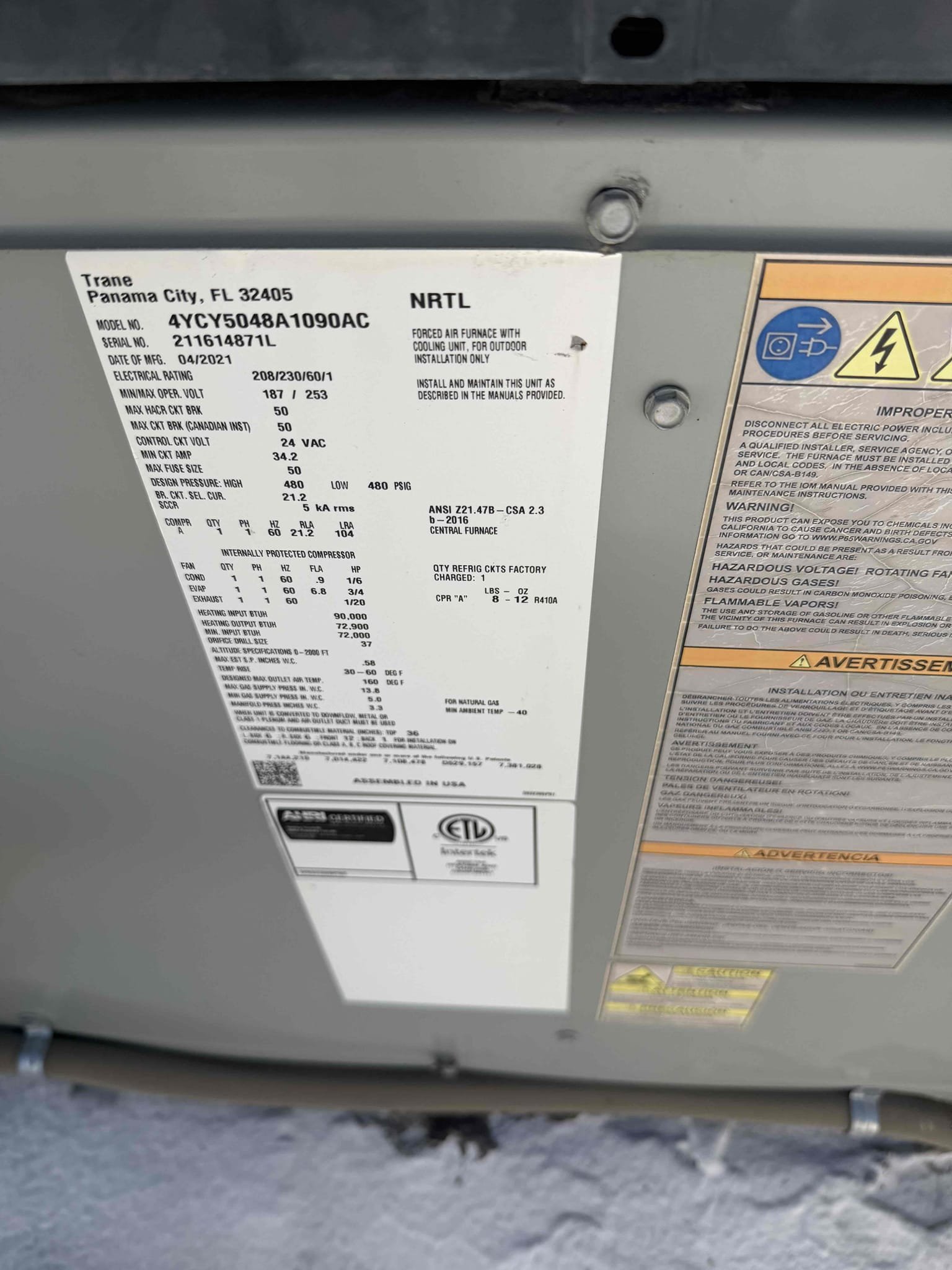 Performed a heating maintenance on a American Standard package unit, changed filter, filter located on hallway ceiling don’t need ladder, flushed condensation line, on unit check for amperage and voltage, followed sequence of operation, check for carbon monoxide, check for capacitor, check for temperature split, everything within range also clear out dust accumulated inside electrical component area. System is working within specification in heating at the time of maintenance. Gave Starbucks Gift card.