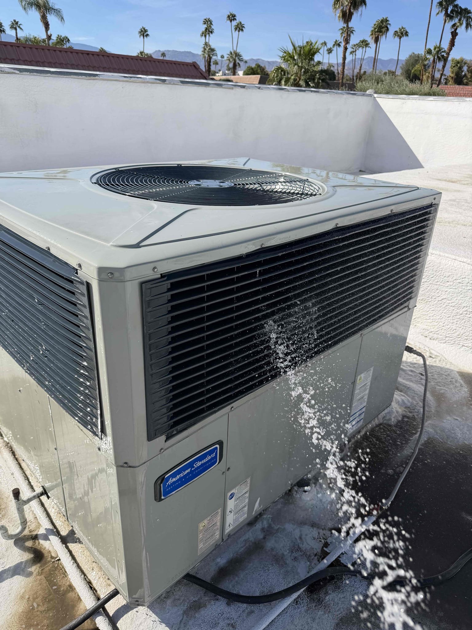Performed a heating maintenance on a American Standard package unit, changed filter, filter located on hallway ceiling don’t need ladder, flushed condensation line, on unit check for amperage and voltage, followed sequence of operation, check for carbon monoxide, check for capacitor, check for temperature split, everything within range also clear out dust accumulated inside electrical component area. System is working within specification in heating at the time of maintenance. Gave Starbucks Gift card.