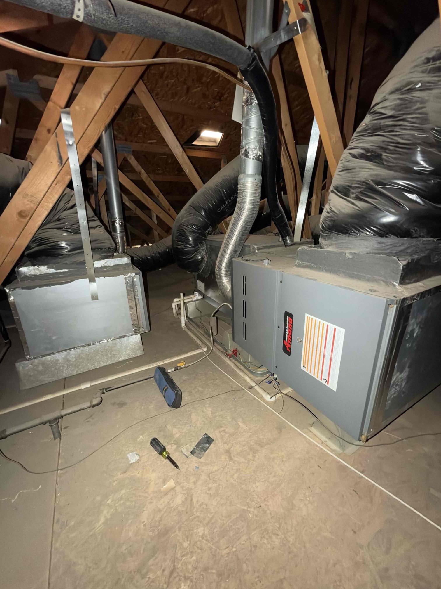Maintenance on two Amana horizontal split systems. Attic access in first master bedroom closet. 18 x 30 filter and hallway by guest room and 16 x 30 in master bedroom. Condensation line is cleared filters changed. Verified all electrical and safety. Checked both system sequence of operation. Two Emerson thermostats checked out OK. Check inducer motor amps, checked, pressure, suites, checked igniter, checked 24 V on gas valve, checked, flame sensor, checked blower motor, checked motherboard. Verified both systems are on and heating. Checked temperature rise. Both systems are working per manufacture spec. Client informed me they had a thermostat they like to install. Spoke with client and gave a few options. Sent estimate for customer supplied thermostat and S 200. 