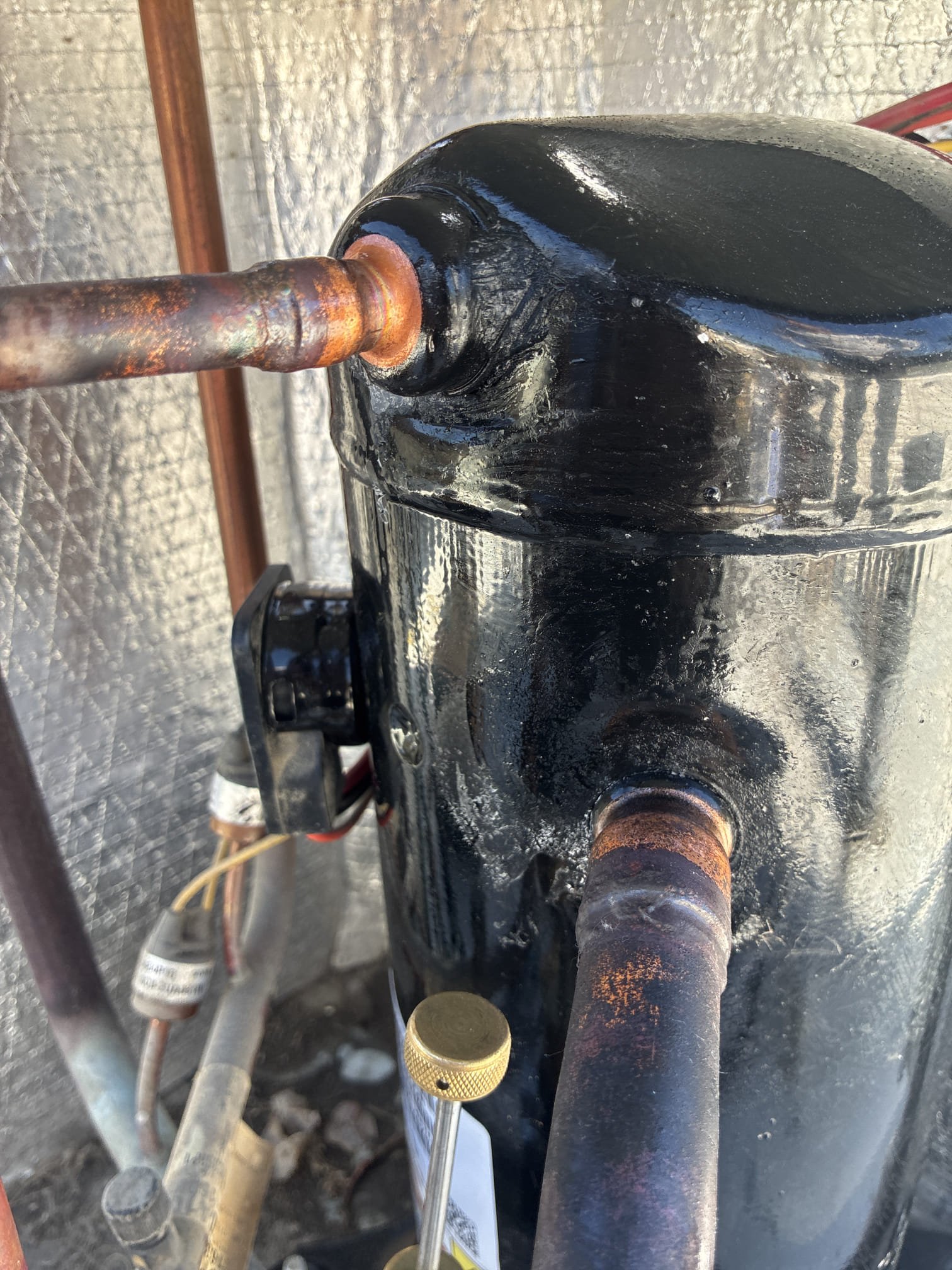 Estimate to install new compressor, filter drier, hard start kit and recharge system with r410a. Two person job on the roof. Installed pressurized to 600, vacuum to 500 and recharged system. System properly running. See pictures and videos. 