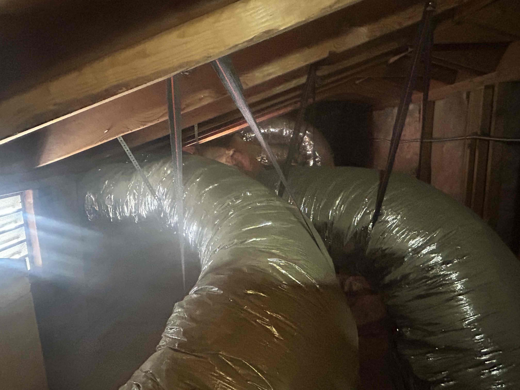 No one home provided access through garage. Recommend replacing damaged ductwork. Half of ductwork already replaced, suggested replacing other half. 