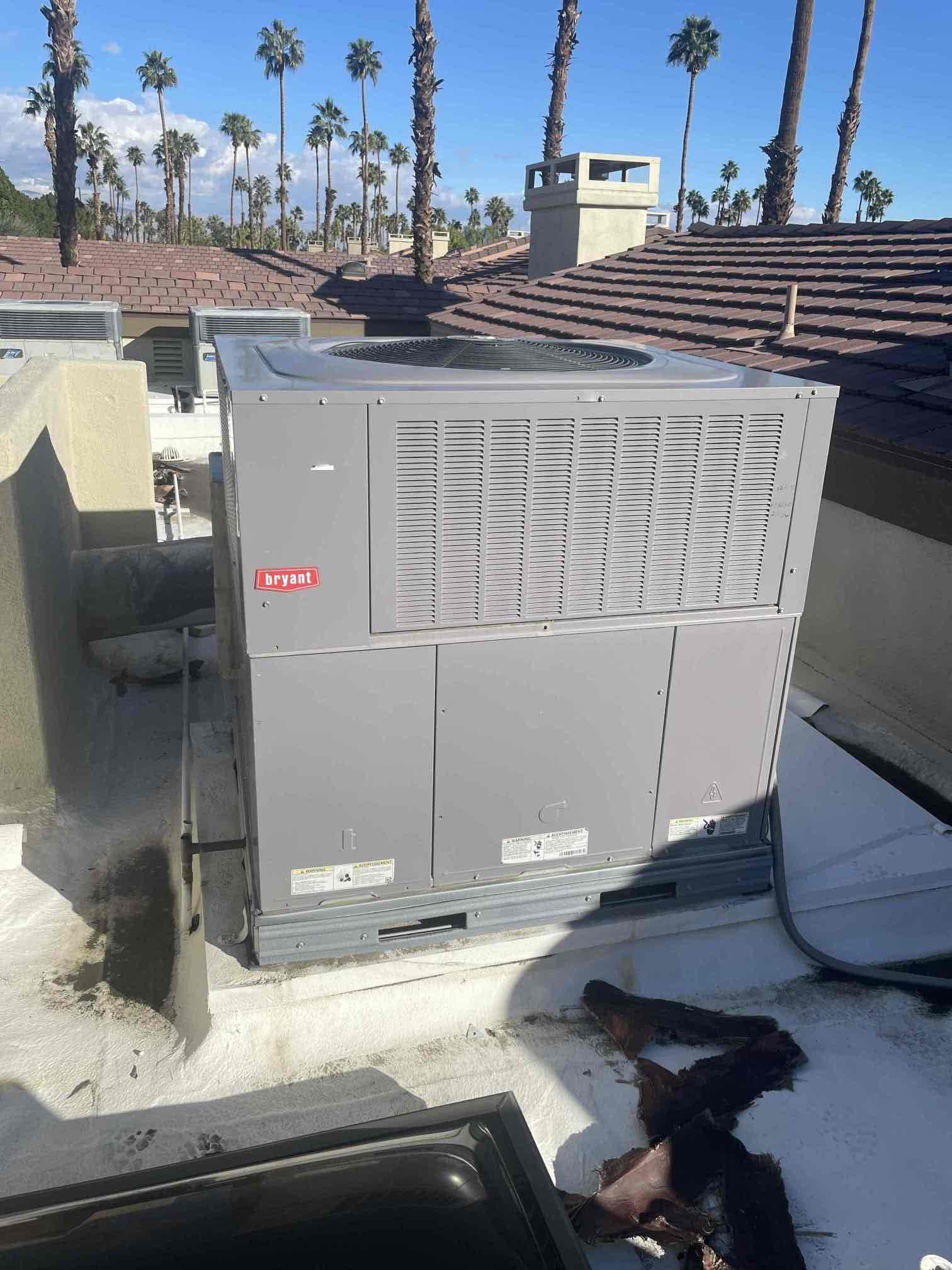 Performed annual heating maintenance on a 2021 Bryant heat pump package unit. Replaced 20x30 filter located in ceiling. Followed sequence of operations and checked voltage, amperage, capacitor, temperature rise, refrigerant levels, cleared condensation line, and secured electrical connections. Cycled unit in cooling and verified proper operation. Ecobee thermostat checked out operational. System is working properly in heating at this time of service. Gave client Starbucks gift card and client renewed HFCP paid via CC.