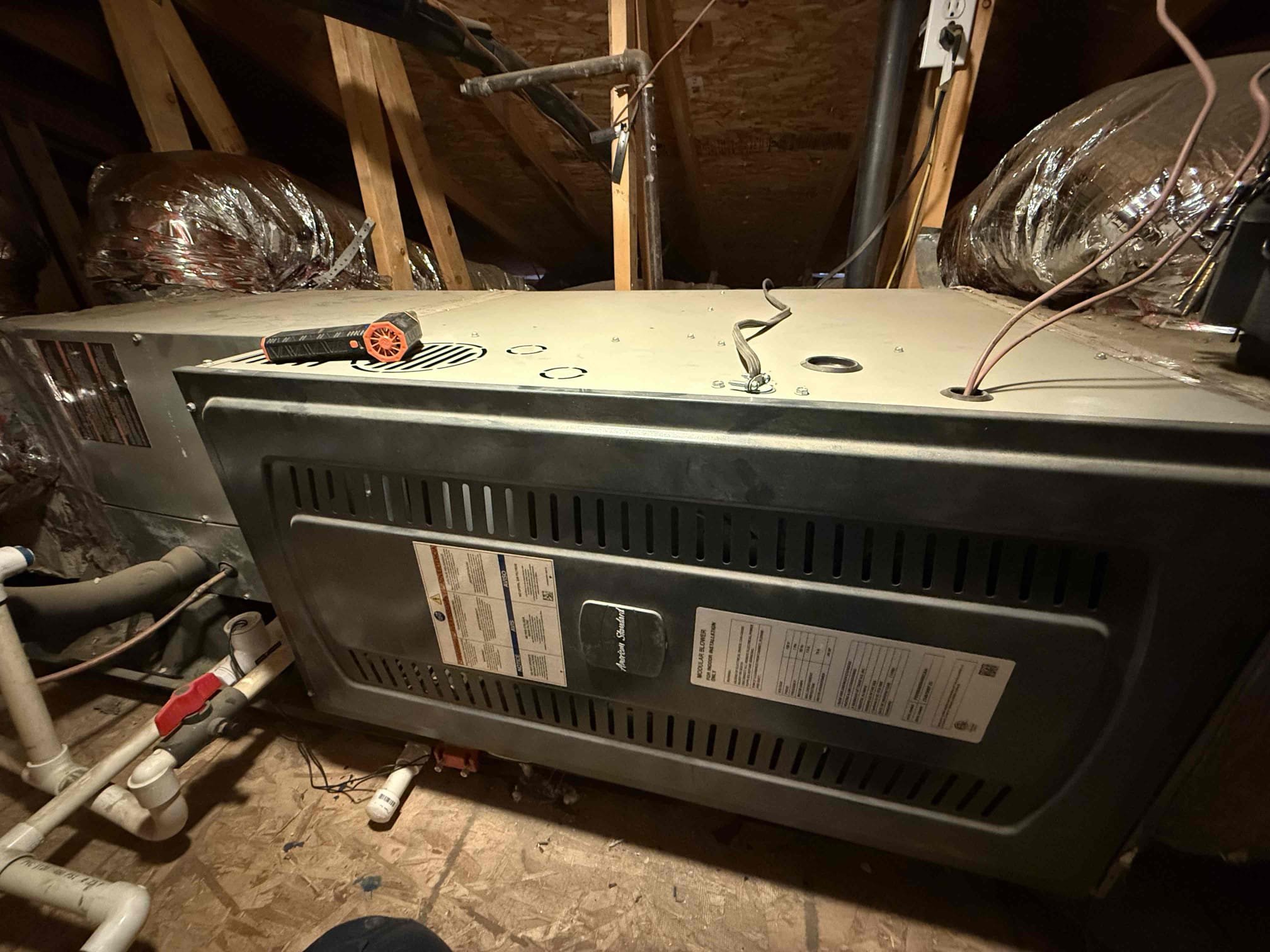 Performed annual heating maintenance on a 2021 American Standard Platinum heat pump. Replaced 16x30 and 14x14 filters. Fau is located in hallway attic access. Cleared condensation line from clear out valve. Followed sequence of operations and checked voltage, amperage, temperature rise, refrigerant levels, found no error codes on CDA, dusted off mechanical compartments/platform, and secured electrical connections. 1050 thermostat checked out operational. System is working properly in heating at this time of service. Gave client Starbucks gift card. Notified office to schedule cooling maintenance for all 3 properties for the same day. 