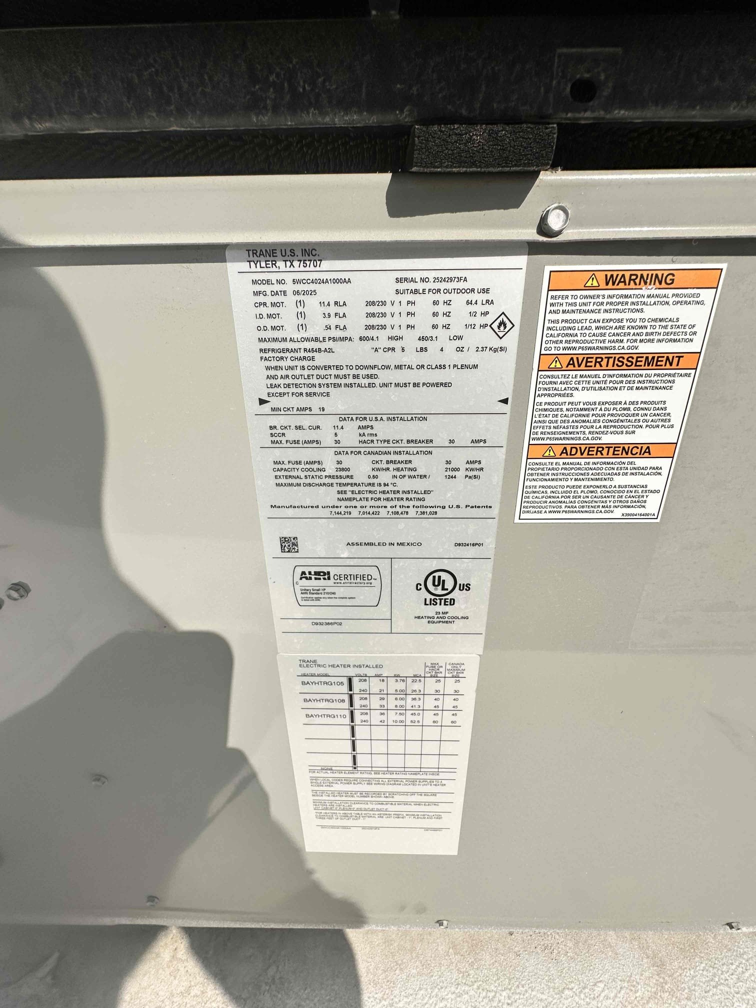 Performed routine heating maintenance and safety checks on two 2025 American Standard rooftop package heat pump systems.

Outdoor equipment: 3-ton system manufactured May 2025, model 5WCC4036A1000AA, serial 25223972FA. 2-ton system manufactured June 2025, model 5WCC4024A1000AA, serial 25242973FA.
Changed out standard lakes filters, cleared electrical compartments and disconnects of dust and debris, checked electrical connections, and tightened and secured connections at the disconnects. Checked operating voltage, compressor starting and running amps, outdoor fan amps, blower operation, and applicable start and run capacitors. All checked within manufacturer specifications. Washed condensing coils, cleared condensate lines, and verified proper drainage. Inspected accessible rooftop duct connections for secure attachment.

We cycled both systems in heating, verified proper sequence of operation, and checked supply and return temperatures to confirm proper temperature rise. Each thermosta