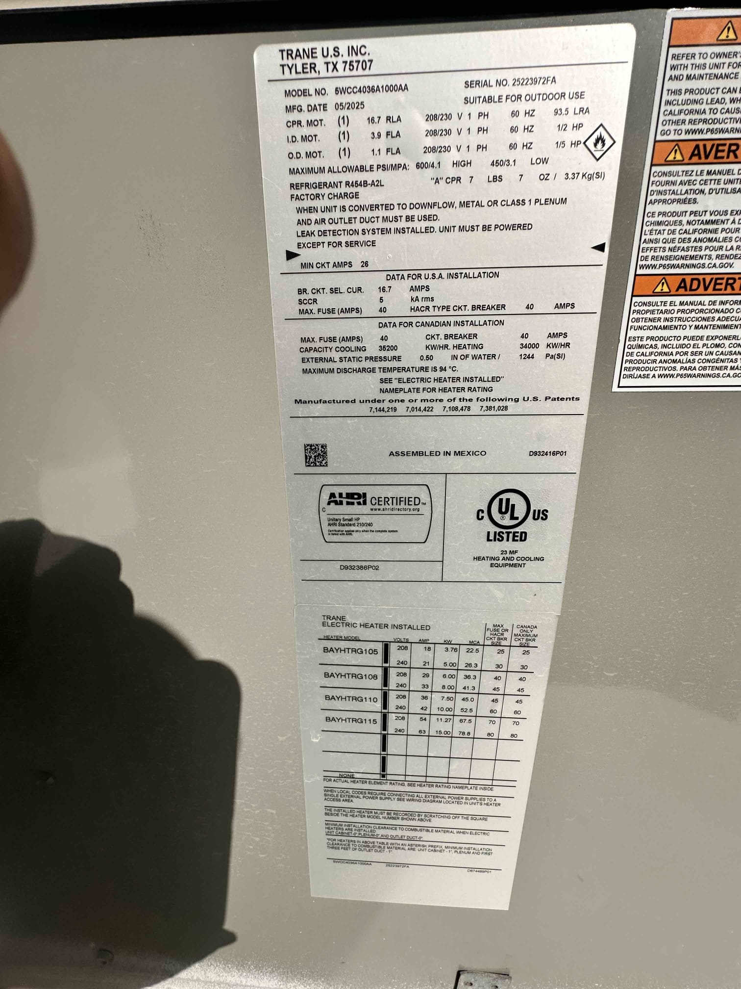 Performed routine heating maintenance and safety checks on two 2025 American Standard rooftop package heat pump systems.

Outdoor equipment: 3-ton system manufactured May 2025, model 5WCC4036A1000AA, serial 25223972FA. 2-ton system manufactured June 2025, model 5WCC4024A1000AA, serial 25242973FA.
Changed out standard lakes filters, cleared electrical compartments and disconnects of dust and debris, checked electrical connections, and tightened and secured connections at the disconnects. Checked operating voltage, compressor starting and running amps, outdoor fan amps, blower operation, and applicable start and run capacitors. All checked within manufacturer specifications. Washed condensing coils, cleared condensate lines, and verified proper drainage. Inspected accessible rooftop duct connections for secure attachment.

We cycled both systems in heating, verified proper sequence of operation, and checked supply and return temperatures to confirm proper temperature rise. Each thermosta