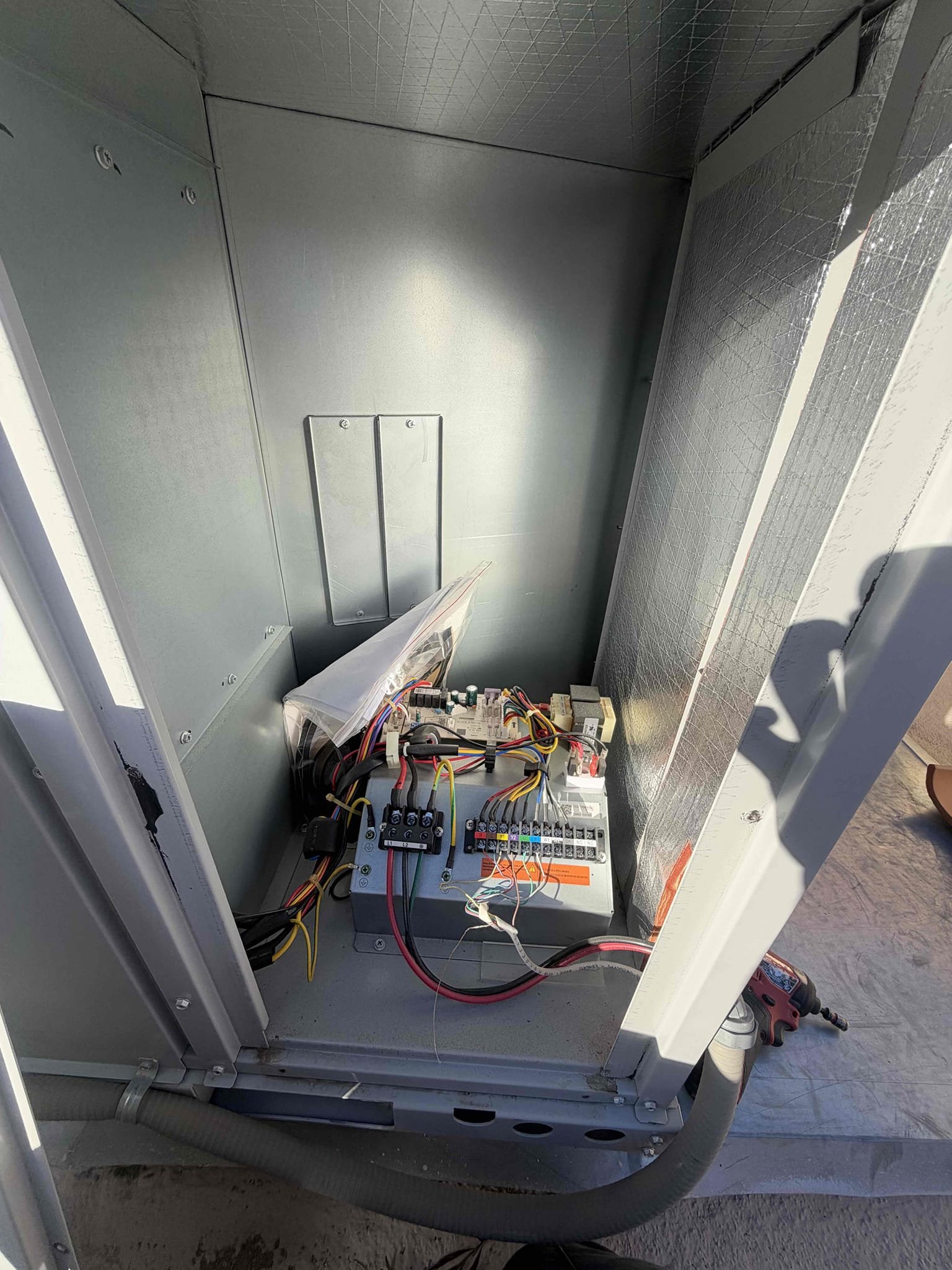 Maintenance on a Bosch 5 ton heat pump package unit. 20 x 30 filter located in hallway below thermostat. Condensation line cleared filter changed. verified condensate drain draining properly. Nest thermostat working properly. Verified all electrical and safety. Checked system sequence of operation. Checked compressor amps, checked fan motor amps, checked two stage, checked fuses and disconnect box, checked temperature rise. Verified system is heating. System is working per manufacturer spec. Client renewed bi-annual maintenance via CC.