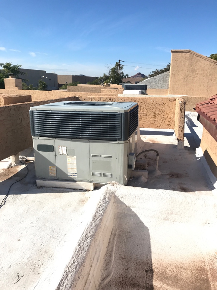 Heating maintenance on Trane package heat pump in Fountain Plaza Scottsdale 