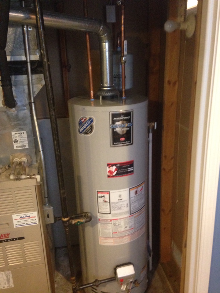 Replace a 5 year old Bradford White 50 gallon water heater leaking from tank.