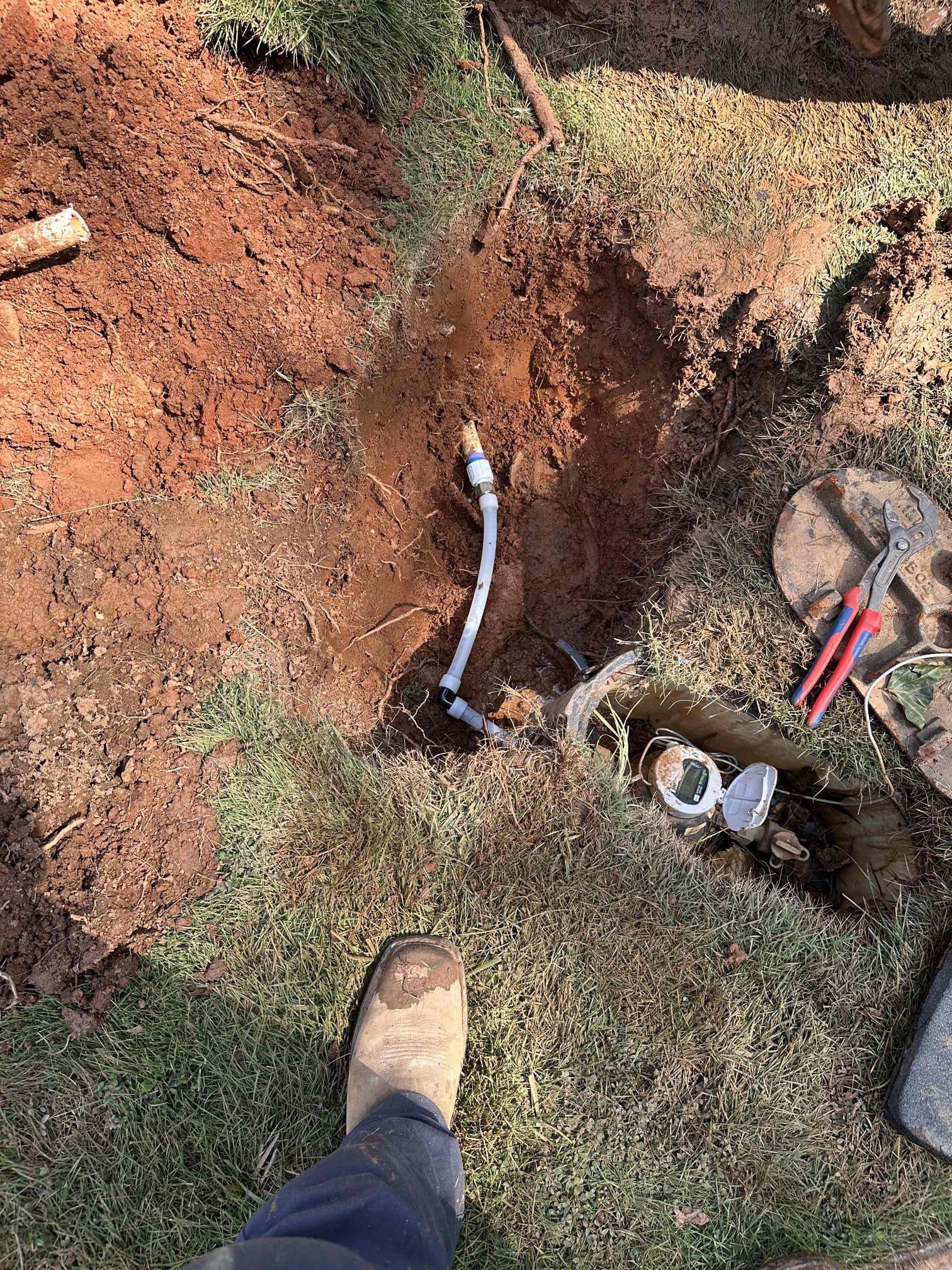 Someone ran over meter causing line to crack. Main line is PVC replaced with uponor pex removed unnecessary joints. Work is thoroughly tested and complete.