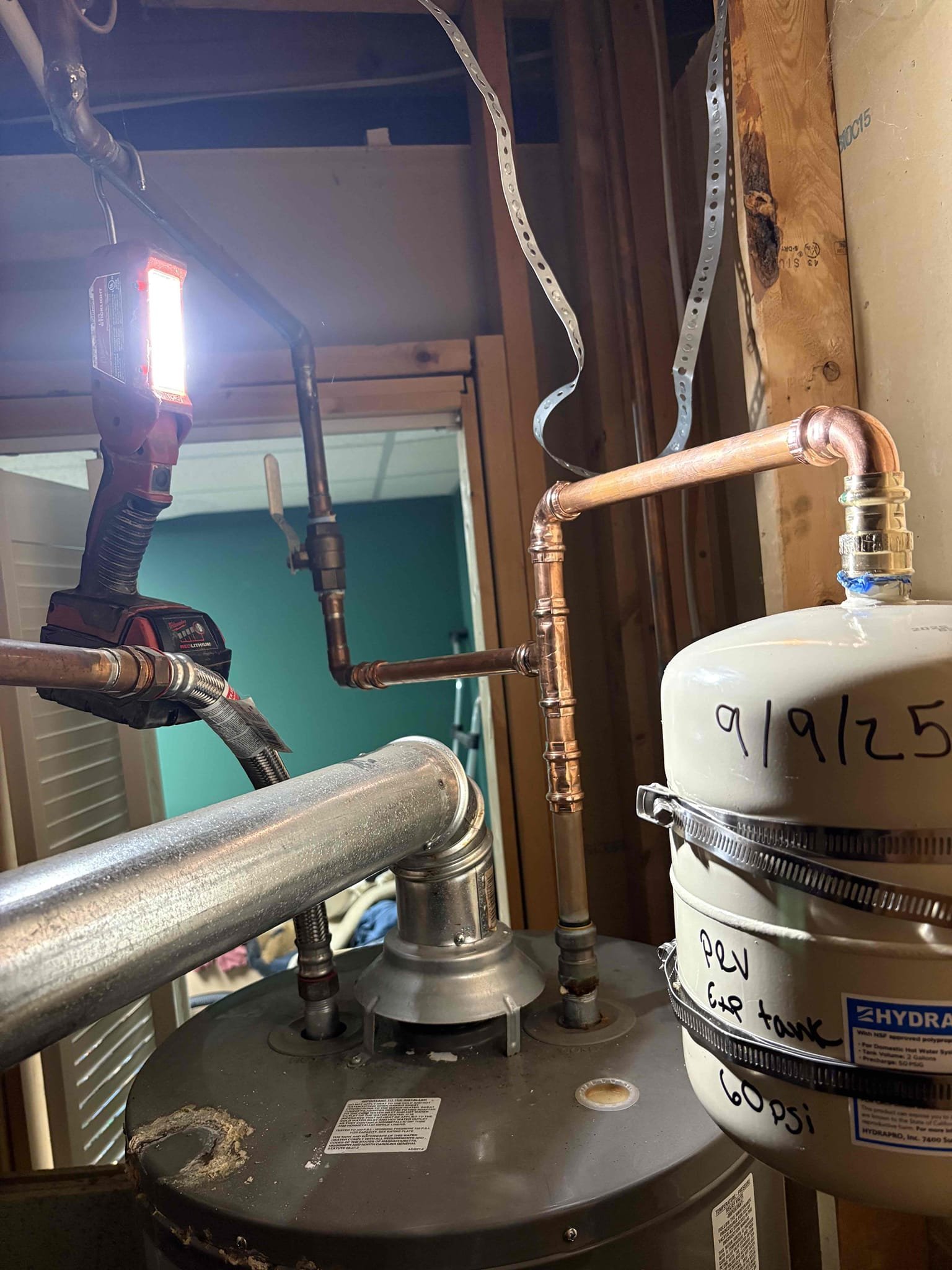 Client called us out today to look at possibly a leak on their main waterline. Upon further inspection, the water meter was not spinning. Therefore there was no leak on their line. We checked the water pressure and it was over 110 psi the safe range for water pressure is 50 to 79psi. 
Today we replaced the failed pressure reducing valve for the whole home water and added a new ball valve shut off in replacement of the old gate valve. We let the glue drive from the irrigation tie in point for about 30 minutes then turn the water back onto the home. Tested no leaks. Set home water pressure to 60 psi.

Also, the thermal expansion tank on the 10 yr old tank nat gas water heater had failed due to the very high water pressure. We gave client the options for replacing just the expansion tank on the old water heater and to replace the whole water heater installed up to code with a 6 yr manufacturer warranty and 2 yr parts and labor from us, which includes the thermal expansion tank. 

Client d