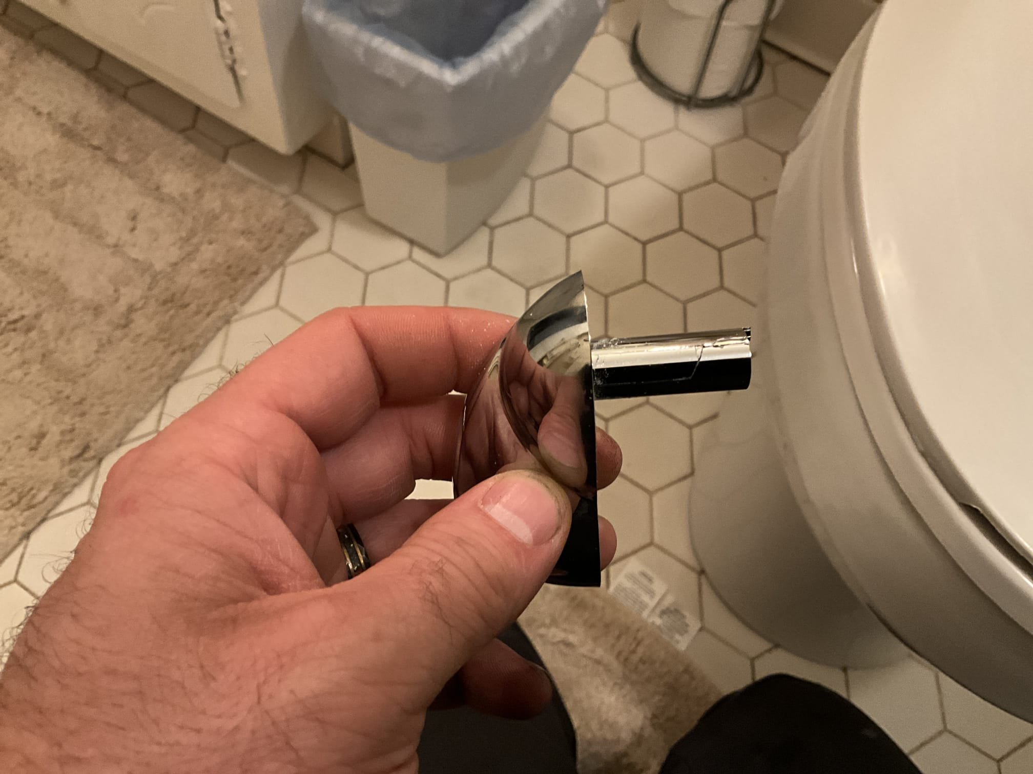Customer had a broken toilet handle in guest hall bath. Replaced with a new trip lever in chrome. Tested for proper function and no leaks. Tightened the shower handles in the primary bath as a courtesy. 