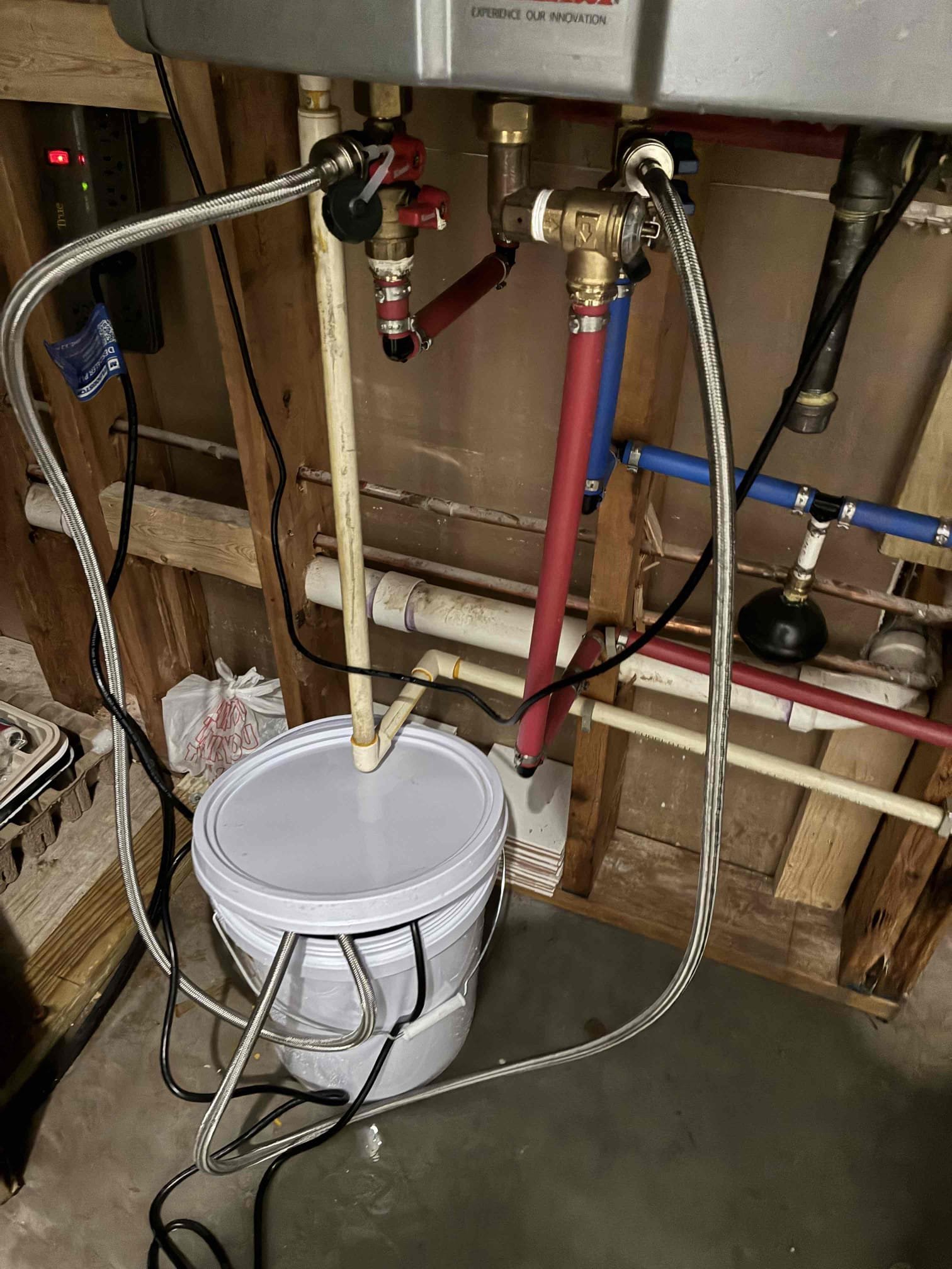 Customer had leak on copper line in basement. Replaced section of 3/4 and 1/2 copper to fix issues. Also checked pressure found pressure to be high and suggested to replace PRV with new ball valve. Later flushed tankless to descale system. Checked for leaks and proper function. Pressure is now at 60PSI. 
