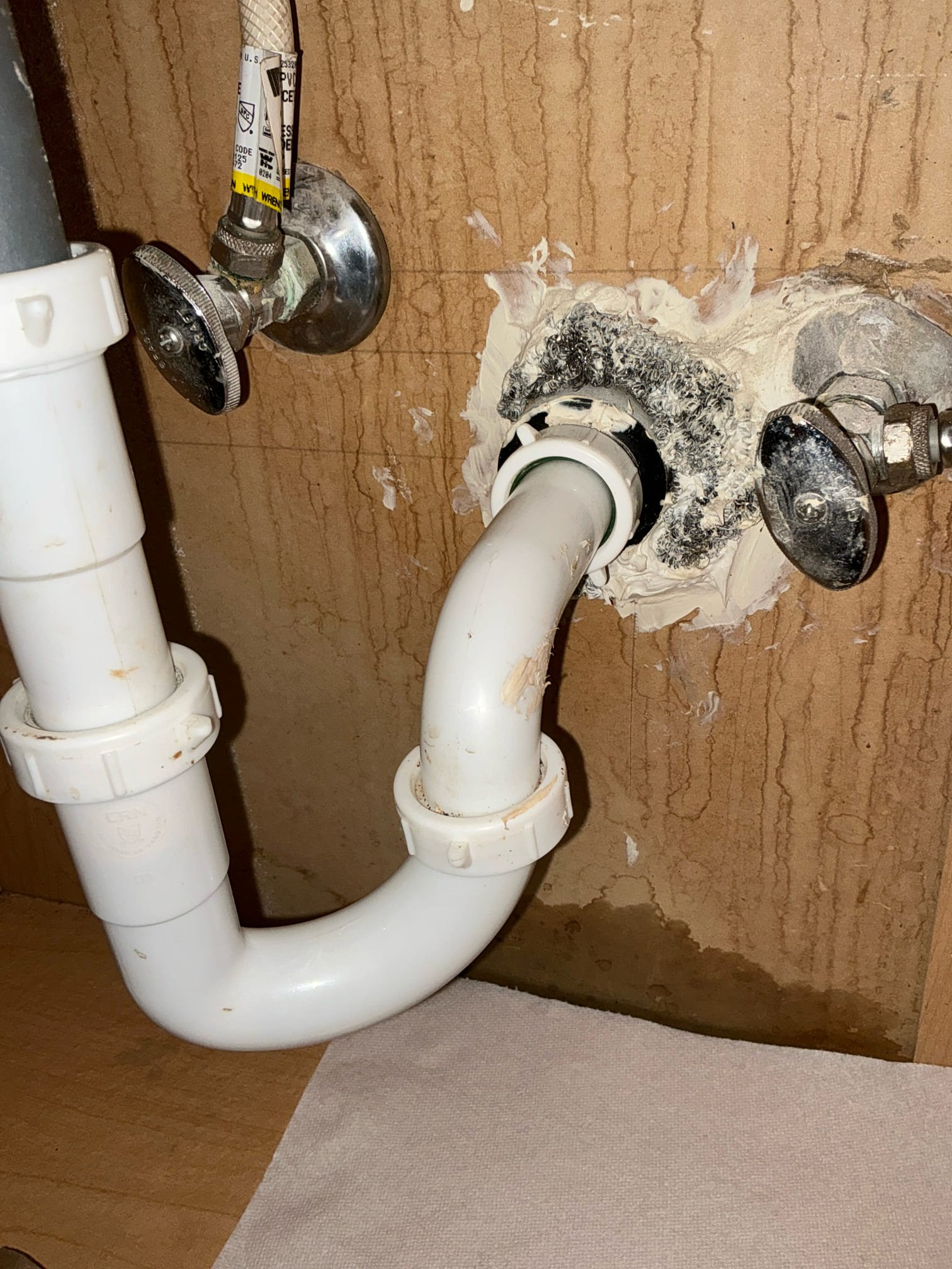 Leak was not coming directly from work previously completed. I adjusted pipe length to allow threaded connection to be more in line.  Toilet had multiple issues in upstairs hallway, bathroom and recommended toilet replacement stop valve.