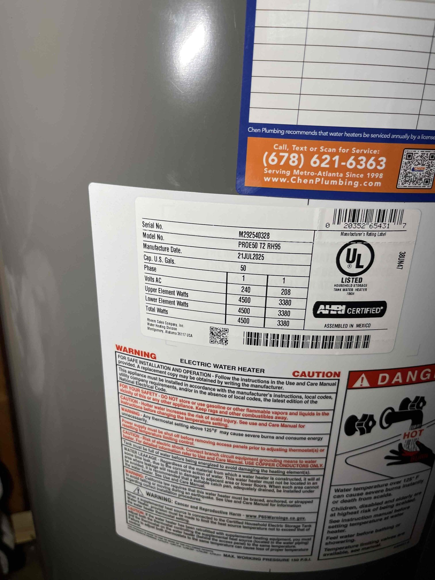 Replaced 50 gallon electric water heater in the basement. Hauled off old tank. Confirmed proper function of water heater before leaving. Set expansion tank to 55 psi. 