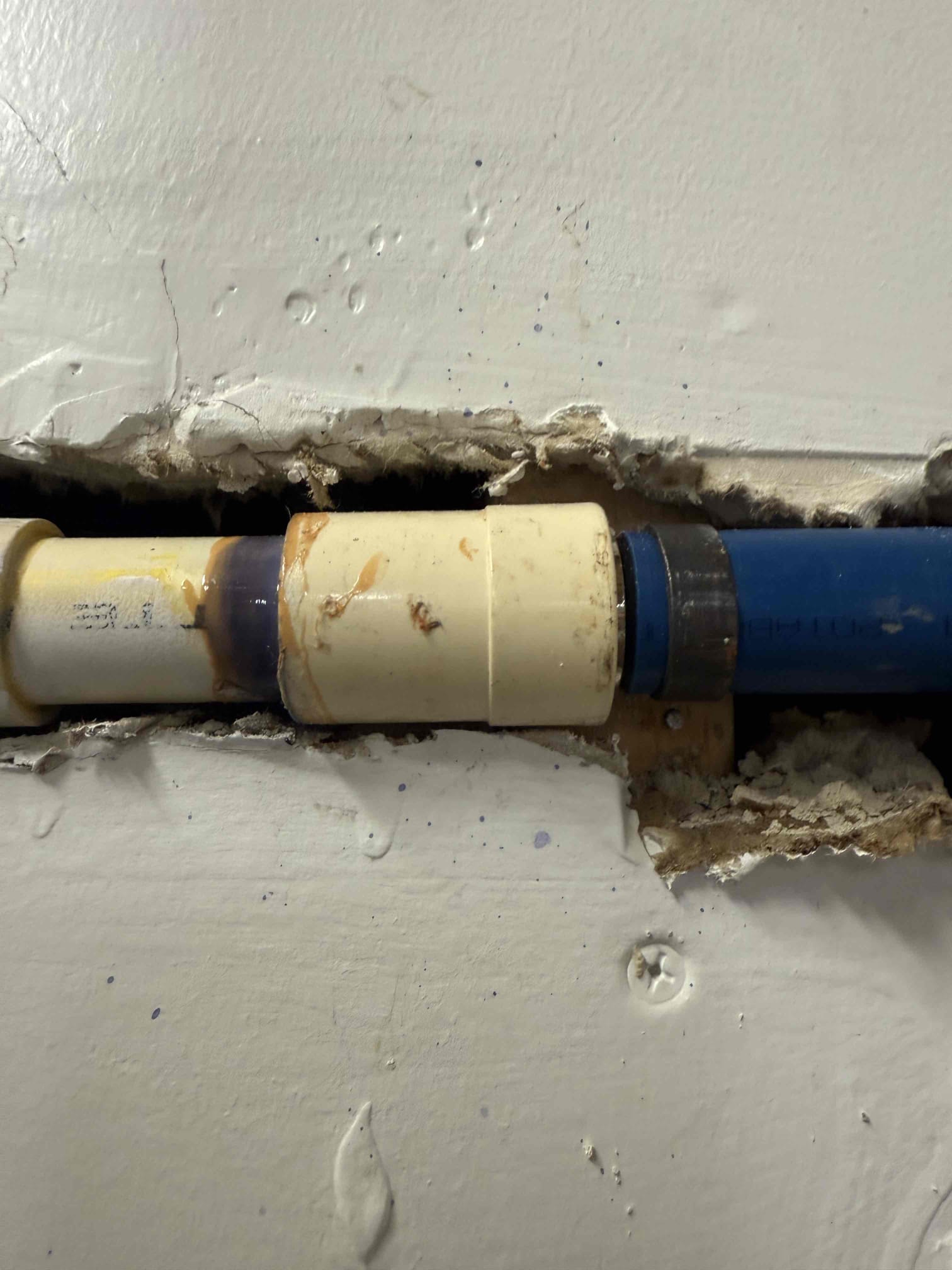 Homemade states that he called the restoration company and they came out and explained to the homeowner that they believe the leak was coming from the kitchen water lines and turned off the water to the whole home. Homeowner requested me to come back and find the leak and approved cutting the drywall ceiling. I cut out the section where the kitchen lines are and unfortunately there was no water signs or marks that indicate that was the leak and homeowner had me cut out another section where the hose bib supply line went up near the tv in basement. I cut out a piece of drywall where the supply line ran for the bib and same thing no luck I could see wood damage but no where near the water line and I showed homeowner. He opted to replace the expansion tank and PRV with a new shut off. I began with shutting off the water meter and removed the old PRV and shut off and installed a new model with new ball valve with pex pipe. Once I had installed the transition fittings I installed the new sh