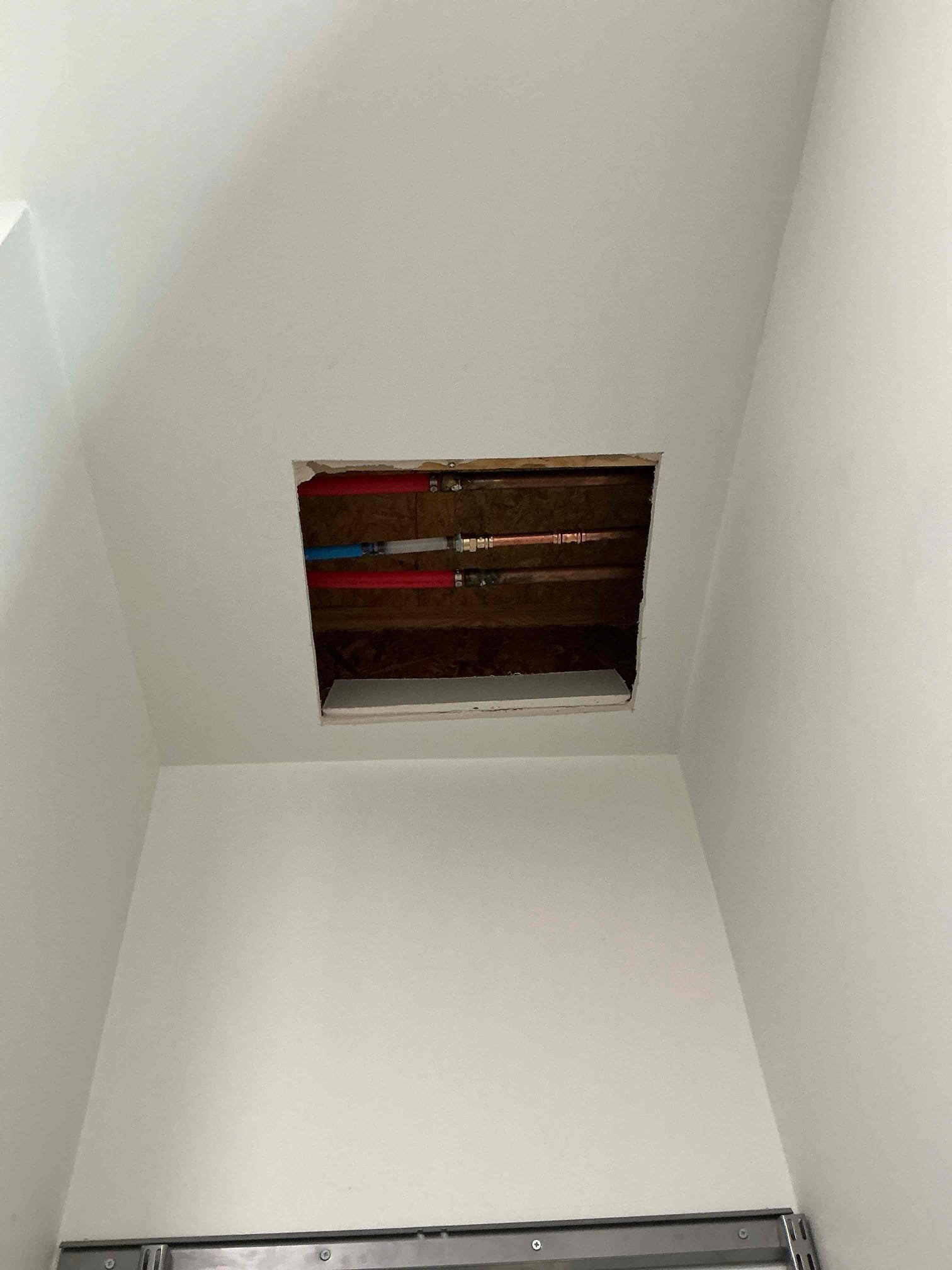  we were called out by the customer who had noticed a small wet spot on their sheet rock. We informed the customer that the next step would be to cut into the sheet rock for further  inspection, which they approved. Told customer we do not do sheet rock repairs and the customer understood after cutting out a section of sheet rock we found three water lines in that area. The middle line had developed a pinhole leak that was slowly dripping. We presented the customer with a couple of repair options And chose to have only the affected line repaired. We completed the repairs thoroughly tested and confirmed that everything is now in good working order.