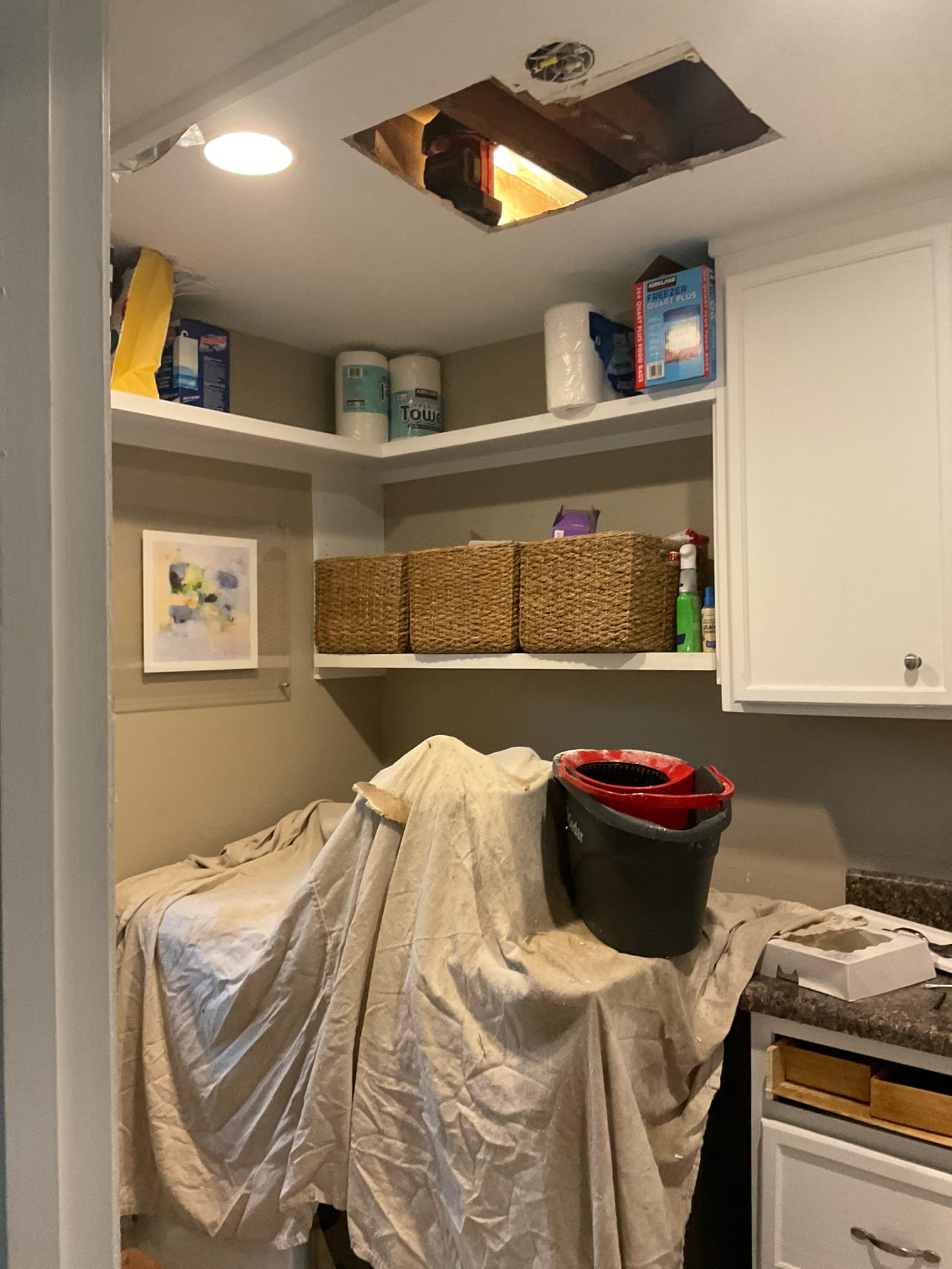 Cut ceiling in laundry room , check leak . Found leak from upstair fireplace area  Cut ceiling in laundry room , check leak . Found leak from upstair fireplace area