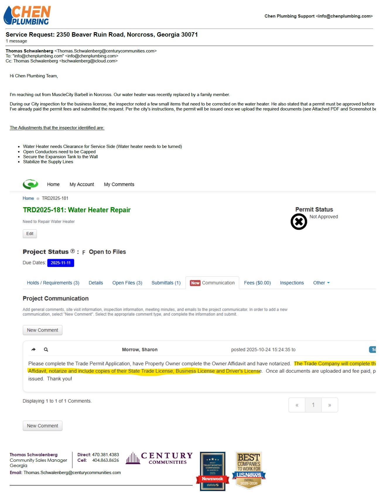Left quote to drain and reinstall water heater up to code per county inspectors request. We did not install water heater originally. 