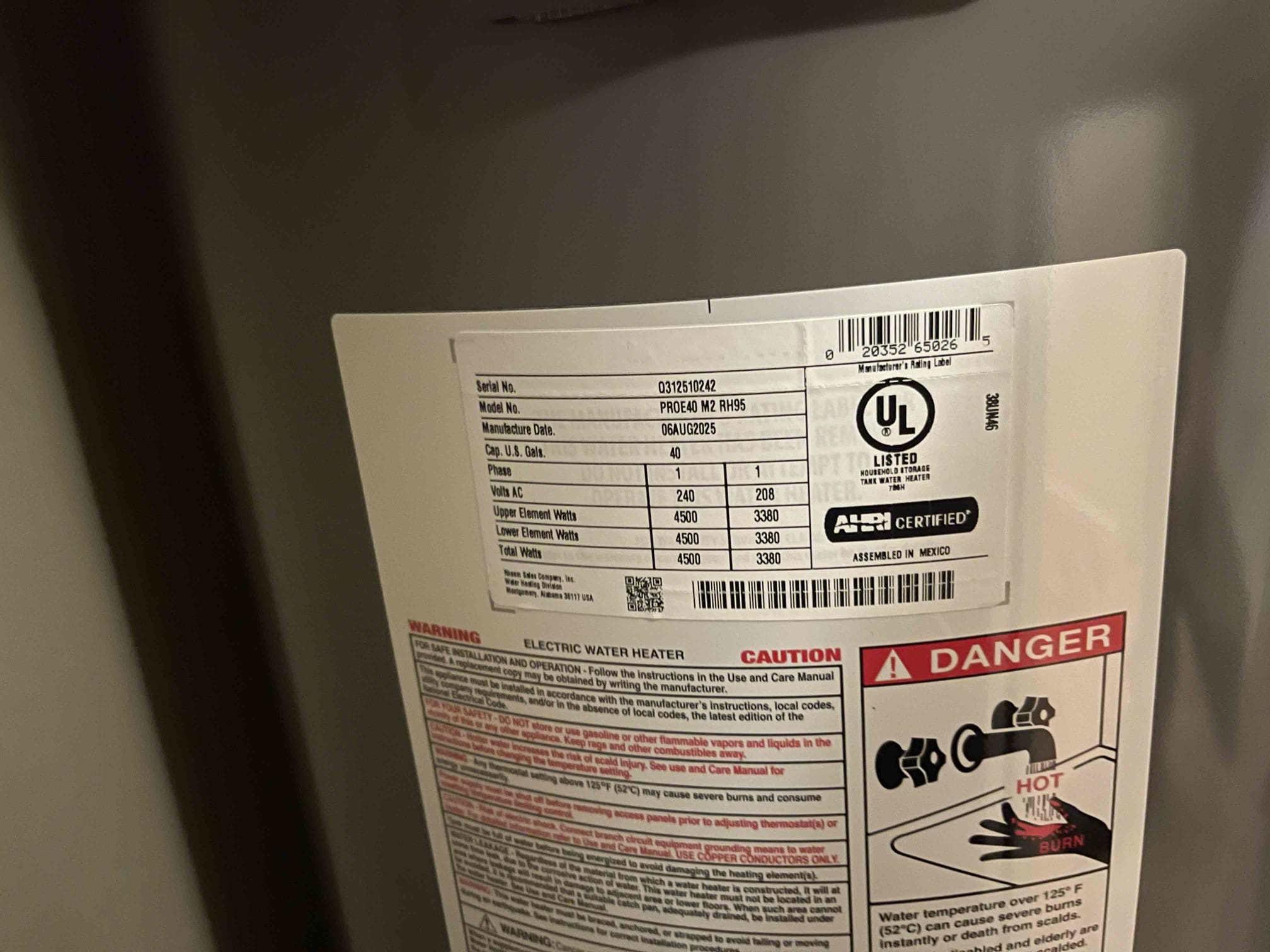 Old water heater from 1977 caught fire in the electrical wiring. Tank had to be replaced. Electrical supply was not connected to code. They used electric dryer connection cord into a three prong outlet meant for a clothes dryer. Notified homeowner this was not to code and we could not reconnect it this way. Recommended she have a licensed electrician come fix the electrical issues and bring it up to code. Piped in the new water heater and installed an expansion tank, set to 75 psi. Tested to ensure a leak free installation and bled the air out. No further issue at this time. Tank is ready for electrical connection but will not heat water until the electrician has hooked up the electrical wiring. Thank you for choosing Chen Plumbing. 