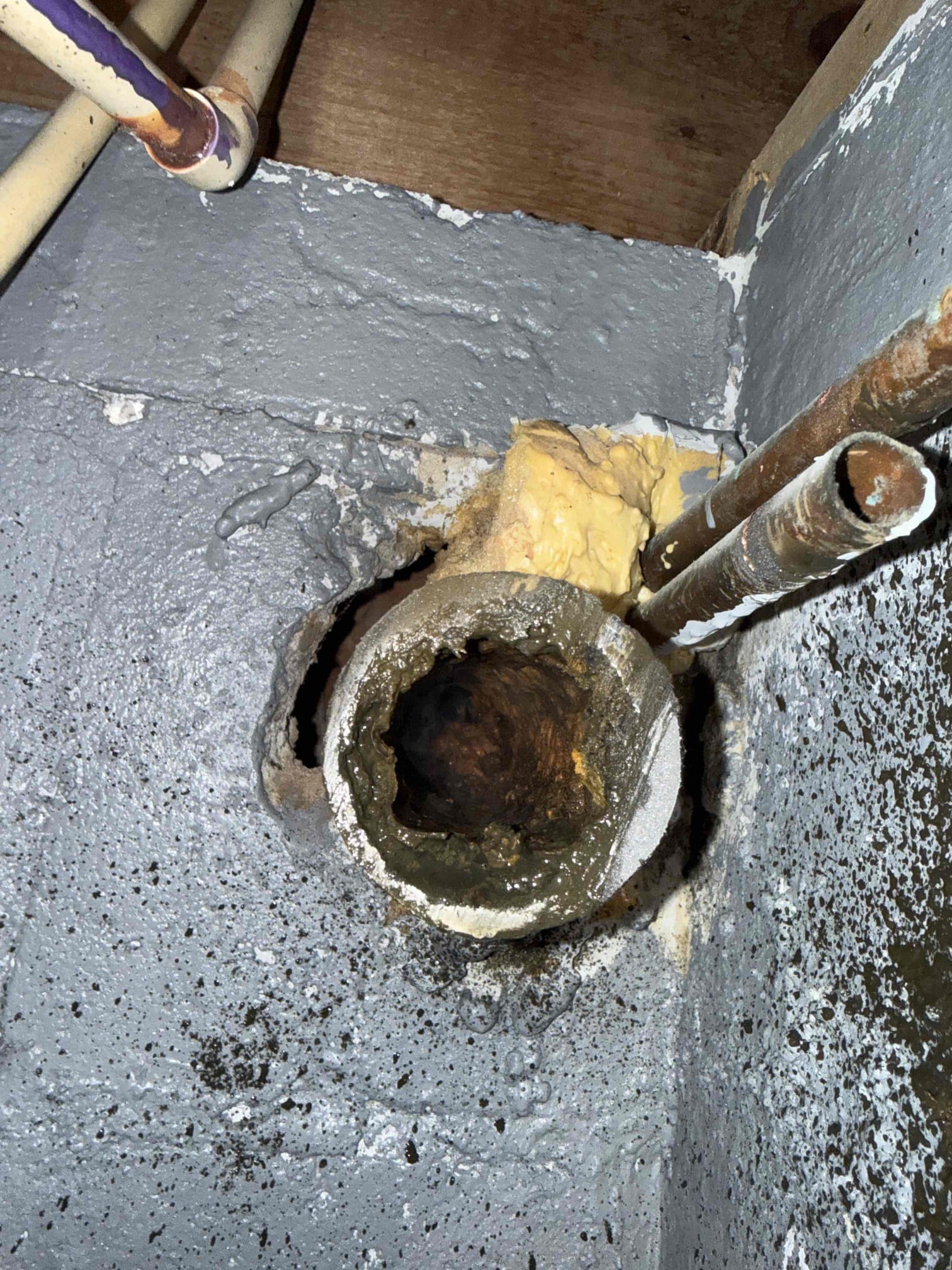 Homeowner stated that he ran two short cycles on the washer and it drained fine but then he ran a longer cycle with more water and it started flooding the laundry room so he called us to fix the issue. Upon arrival homeowner greeted me at door and showed me to the laundry room and I could smell sewer odor and homeowner explained the situation. I offered a couple of solutions and he opted to replace the cast iron and install a p trap. I started on first floor and cut the wall and there was no p trap so I removed two 90 2 inch elbows and cut the cast iron lower and installed a sanitary tee 2 inch with a p trap and a studor vent. Once I was done I proceeded to the basement and began removing the cast iron for the laundry line and upon removing it the pipe was full of black sludge that solidified so I ran my flex shaft and removed all the sludge and ran water and it works properly I connected the 2 inch to 3 inch pvc and then tested the connections. It all works properly and homeowner is s