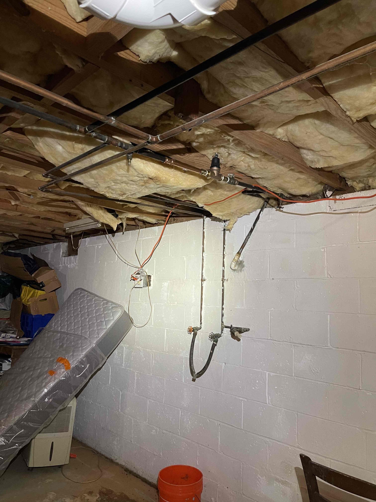 Came out for leak in the basement. Found it was actually coming from the radon system. Customer had a quote from previous visit to replace the PRV and repipe the water service coming through the foundational. Cut out old piping and replaced pvc service line with copper coming through the foundation wall. Installed new hose bib and shut off valves. Removed pedestal sink from master bathroom. Installed new vanity, faucet, drain, and replaced the stop valves. Tested to ensure a leak free install. No further issue at this time. 